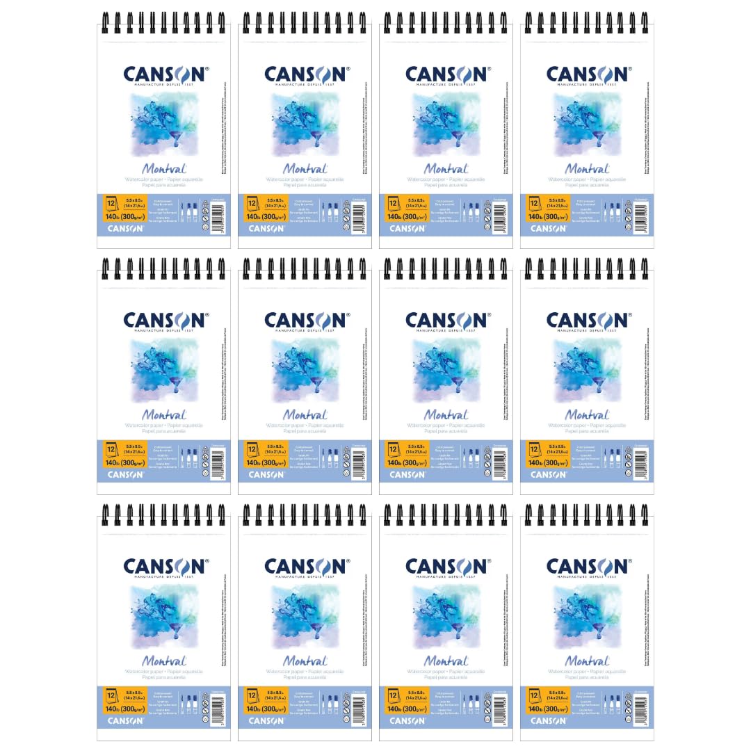 Canson Artist Series Montval Aquarell-Künstlerpapier für Erwachsene und Studenten, 14 x 21,6 cm, Weiß, Kaltpresse, 63,5 kg (300 g/m²), Drahtbindung, 12 Blatt/Block, Box mit 12 Blöcken, insgesamt 144