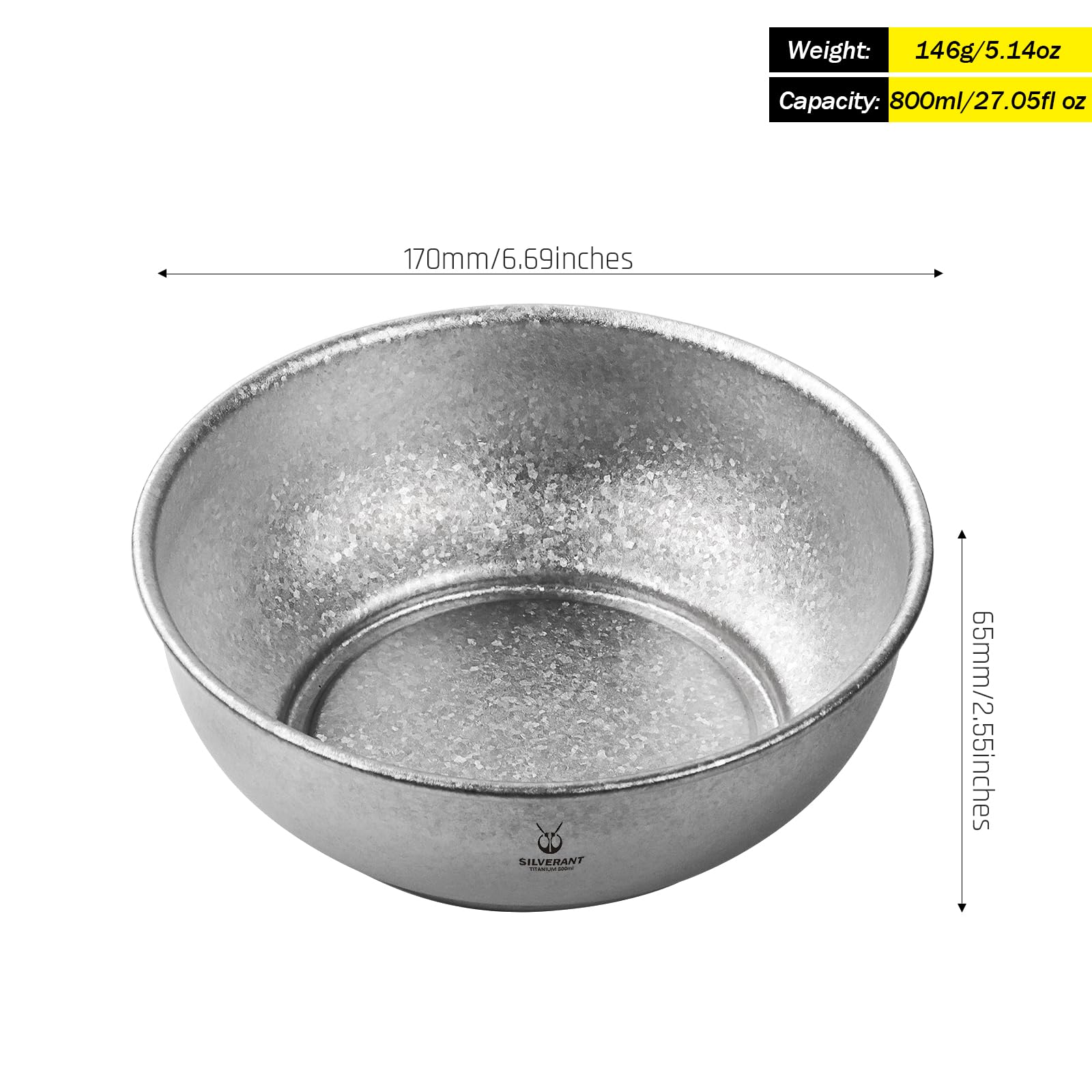 SILVERANT Titan-Camping-Schüsseln, einwandige Reisschale, kristallisiert, ultraleichtes Geschirr, Outdoor-Geschirr für Picknick, Wandern, Rucksackreisen (800 ml)