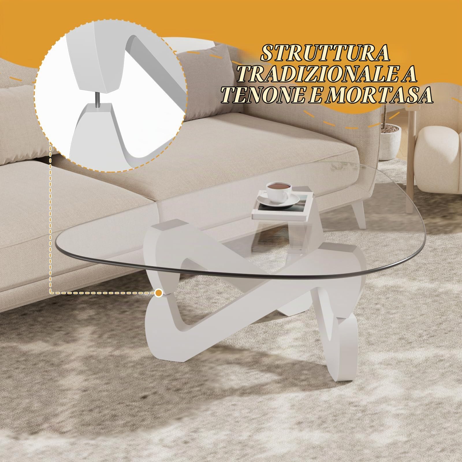 Tavolino da centro in vetro triangolare, tavolino moderno con base triangolare in legno massiccio e vetro temperato spesso, tavolino ausiliare, tavolino elegante per soggiorno ufficio, 82 x 57 x