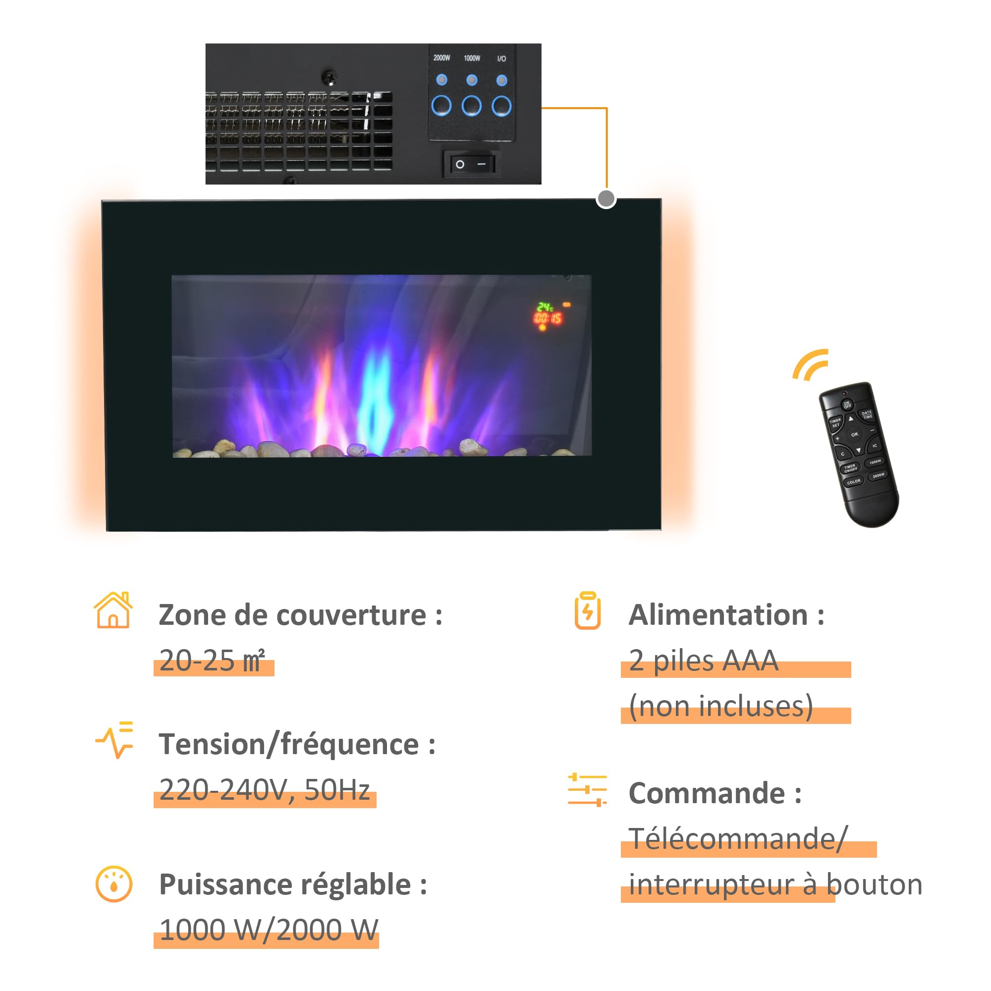 HOMCOM Camino elettrico da parete 1000/2000 W, camino decorativo con effetto fiamma LED 7 colori regolabili, temperatura 15-30 ℃, telecomando, timer e protezione contro il surriscaldamento, nero