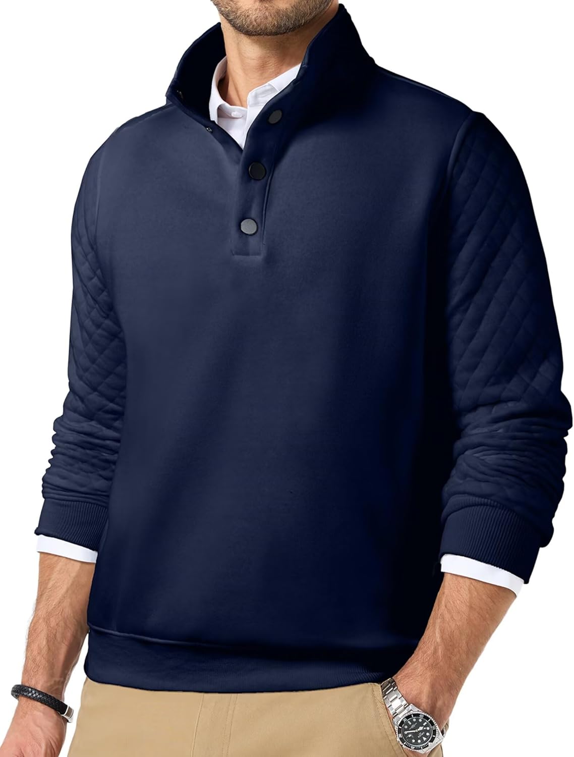 Quilted Sweatshirts for Men Quarter Button Pullover Sweater Casual Mock Neck Thermal Fleece Pullover Sweatshirt