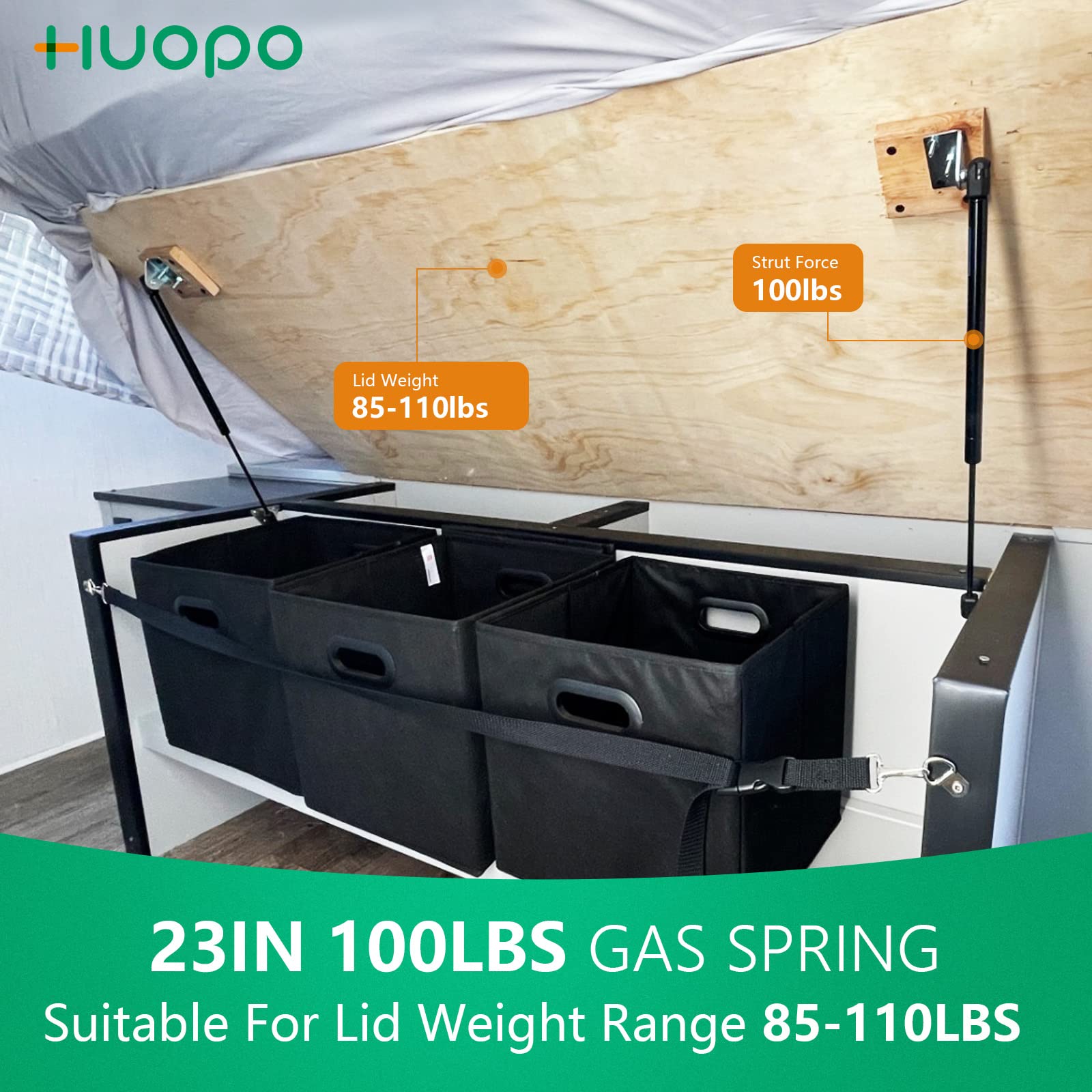 23 inch 100lb/445N Gas Strut Shock Spring Lift Support for RV Bed Storage Lid Tonneau Cover Basement Door Floor Hatch Cargo Box Container Vending Custom Window Trailer Roof Top Struts, Set of 2 HUOPO