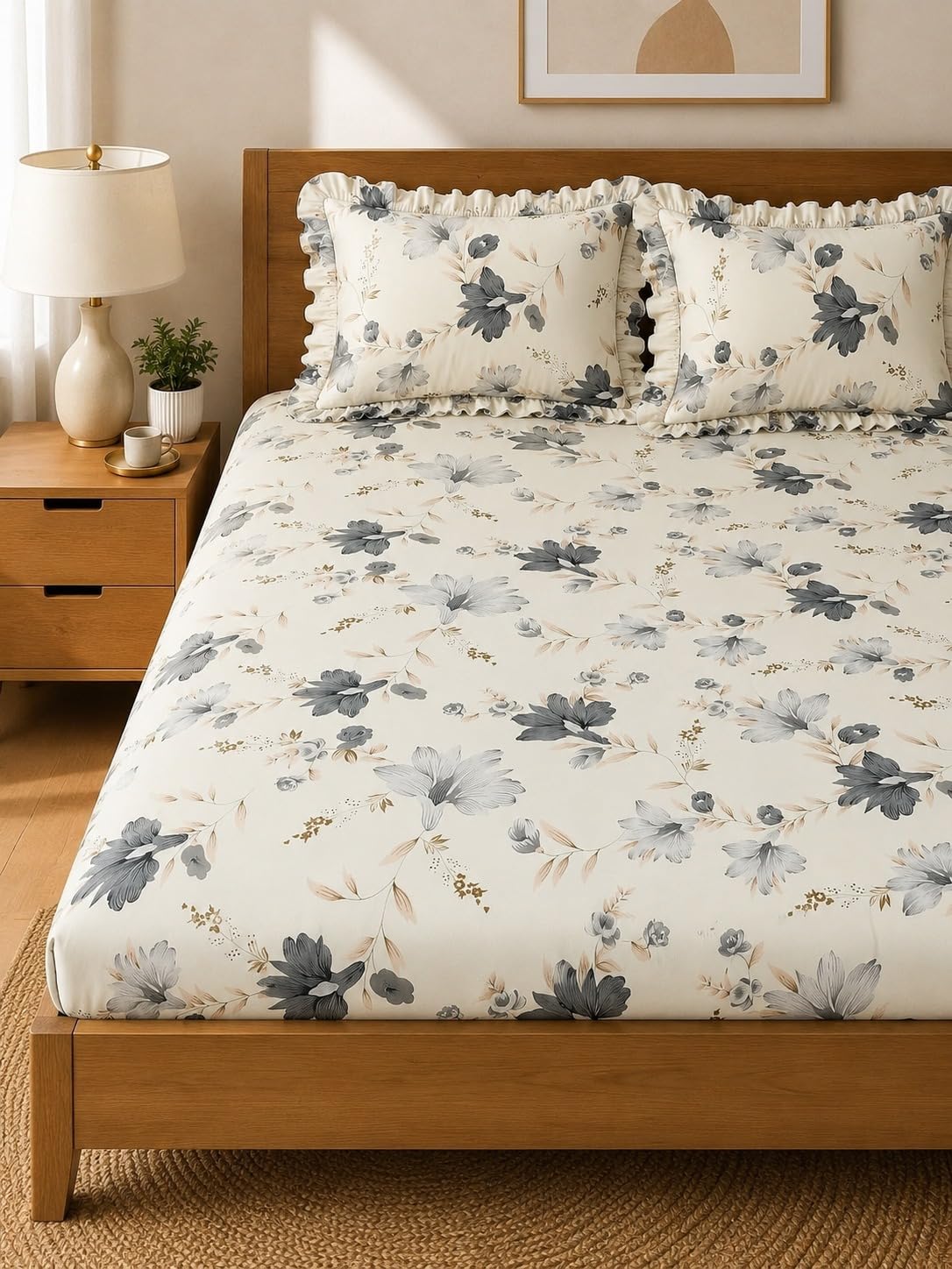 King Size Fitted Bedsheet with 2 Frill Pillow Covers|300 TC Microfiber Bedsheet for Double Bed|Soft Cotton Feel|All Around Elastic|Breathable & Wrinkle Free (BossFrill, King Size-72x78)-image-15