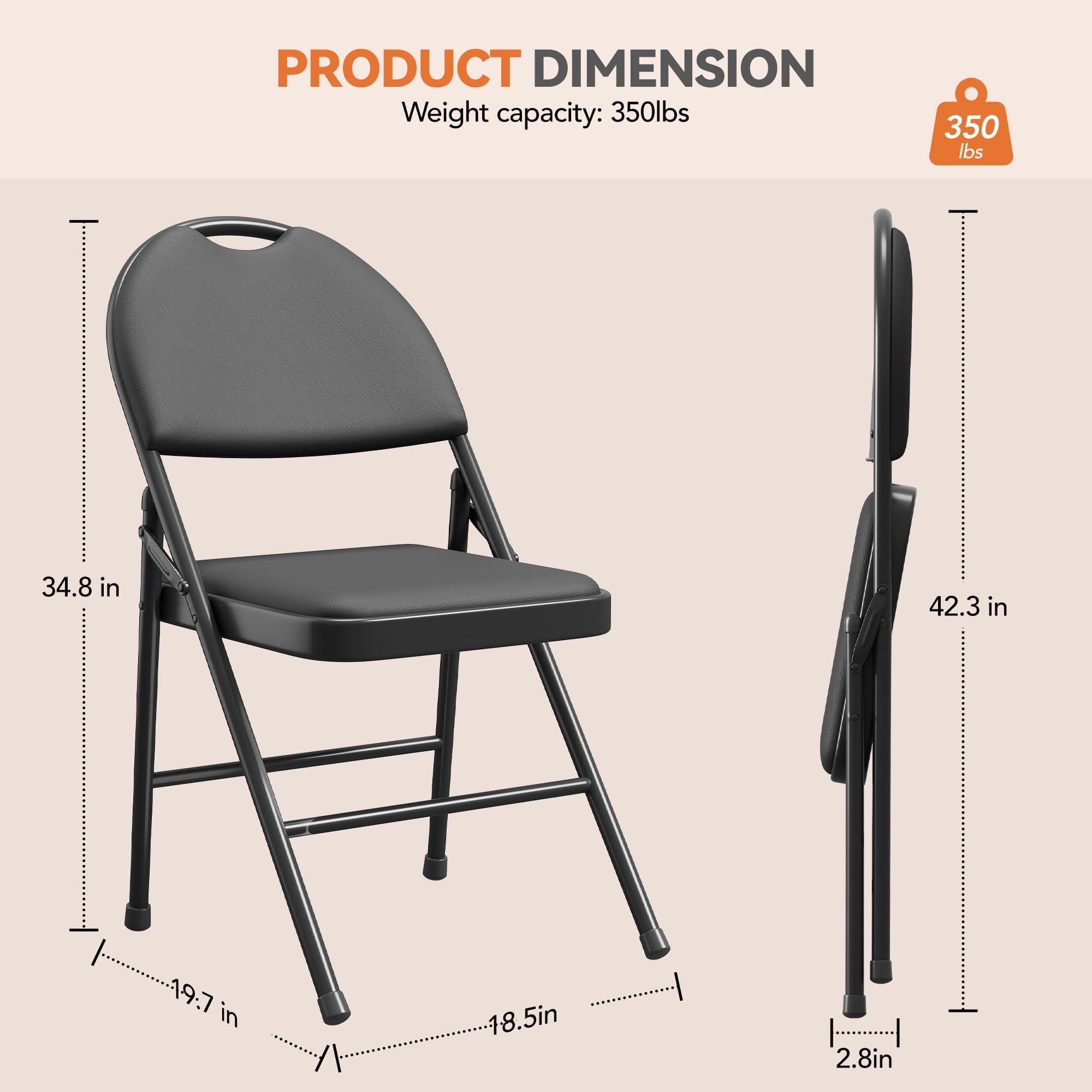 Juego de 4 Sillas Plegables con Asiento Acolchado y Marco de Metal Resistente, Sillas Portátiles con Asa de Transporte para Eventos, Fiesta, Oficina y Hogar,50×47×107 cm