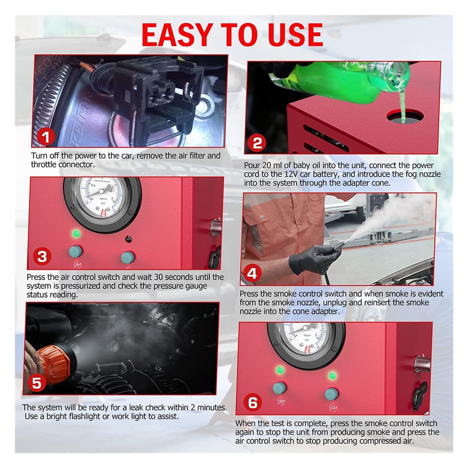 Detector de humo inalámbrico con alarma de humo Detector de fuga de automóvil Detector de tubería Locuador analizador Probador Automotrices Automotive Vacuum Fuge Generador de humo Herramienta de diag