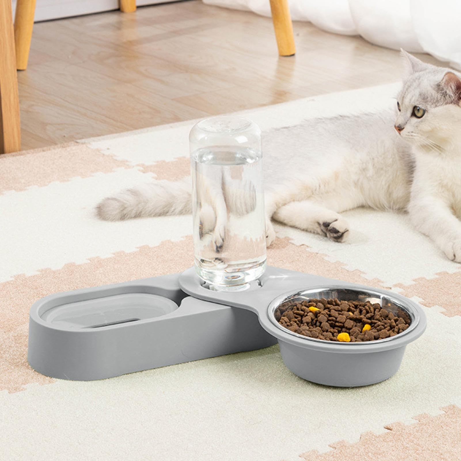 Ciotole per animali domestici, Distributore di acqua e cibo for gatti - Ciotole for animali domestici con bottiglia for bere portatile for, acciaio inossidabile antiscivolo(Gray)
