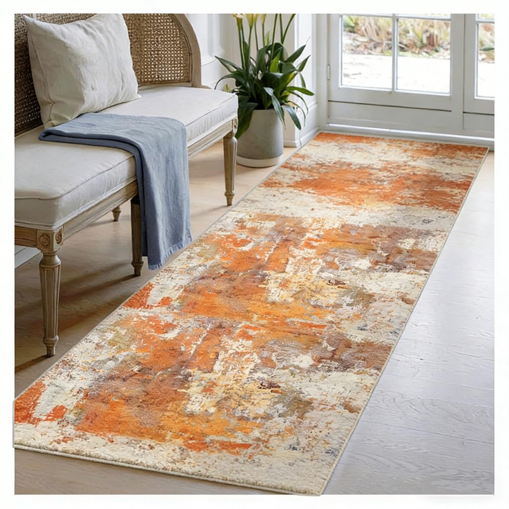 BORKOY Extra Long Non Slip Washable Carpet Runner 90x550cm Orange Abstract Modern Hallway Rug Super Soft Low Pile Hall Runners for Kitchen Bedroom Entryway Laundry Room Floor Mat
