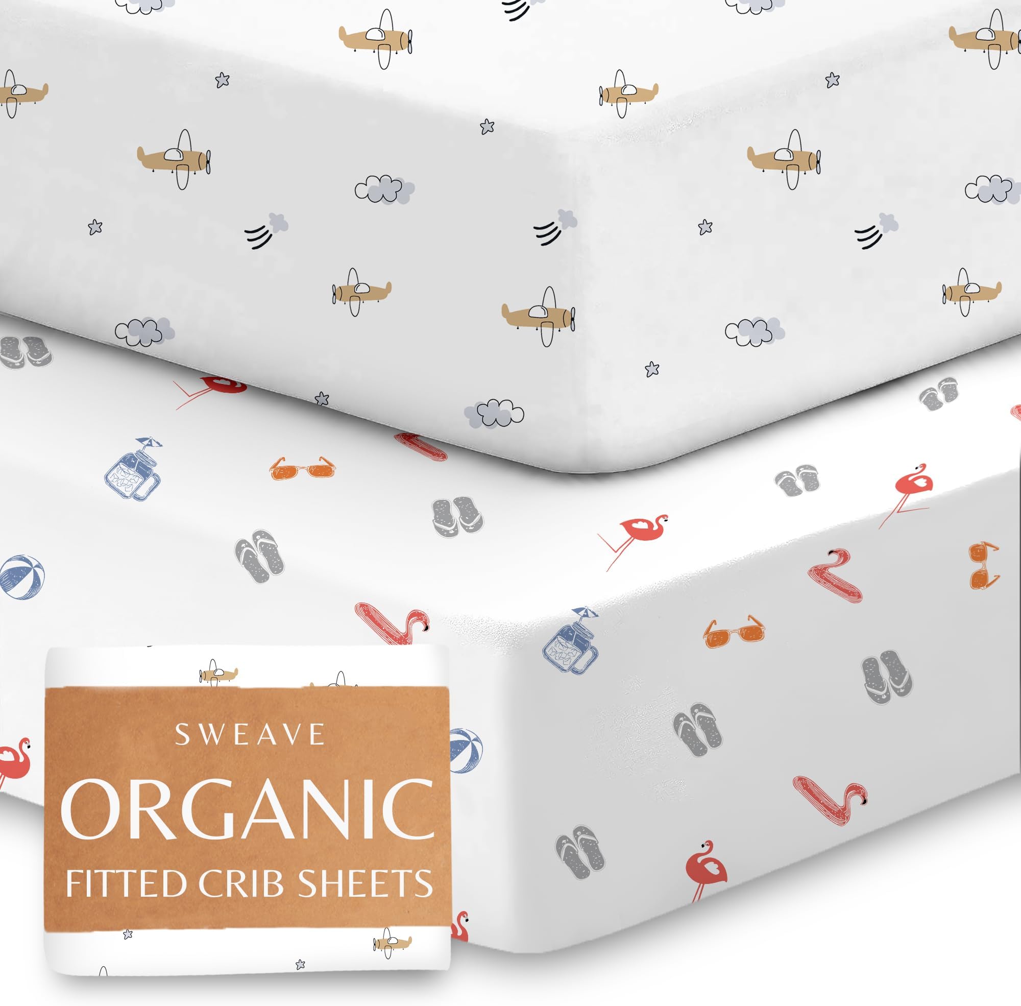 Organic Cotton Crib Sheets (2-Pack) - 100% GOTS Certified Bedside Crib Sheets - Fits Up To 140x70 cm / 28x52 Inches - Breathable Baby Crib Sheets, Double-Elastic for Secure Fit & Extra Protection