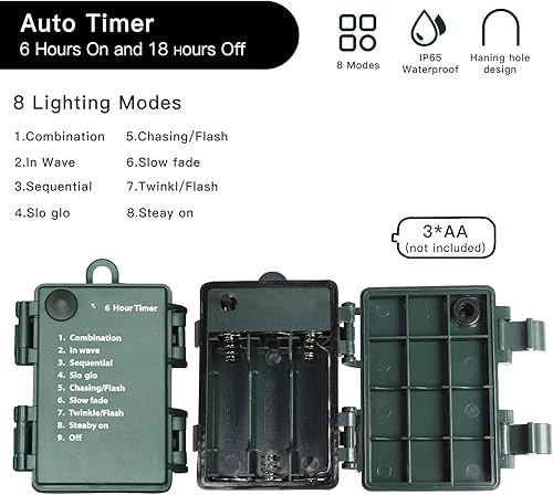Vista 13 de 50LED C6 luces, cable verde, caja de batería impermeable, múltiples funciones, temporizador, blanco cálido Blanco cálido C6
