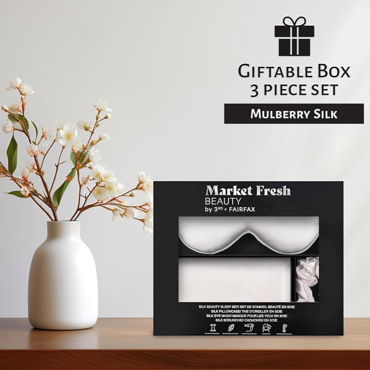 Mulberry Silk Pillowcase Gift Set, Eye Mask, Pillowcase, and Scrunchie for Gentle Sleep Reducing Breakage, Tangles, Creases, and Wrinkles – Queen Size – White Mulberry Silk Pillowcase Gift Set, Eye Mask, Pillowcase, and Scrunchie for Gentle Sleep Reducing Breakage, Tangles, Creases, and Wrinkles – Queen Size – White