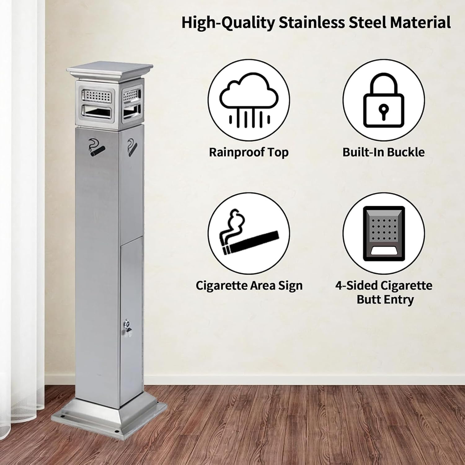 4-Opening Cigarette Disposal Outdoor, Standing Ashtray with Lock, Stainless Steel Cigarette Butt Column Vertical Ashtray, Square Cigarettes Disposal for Terraces