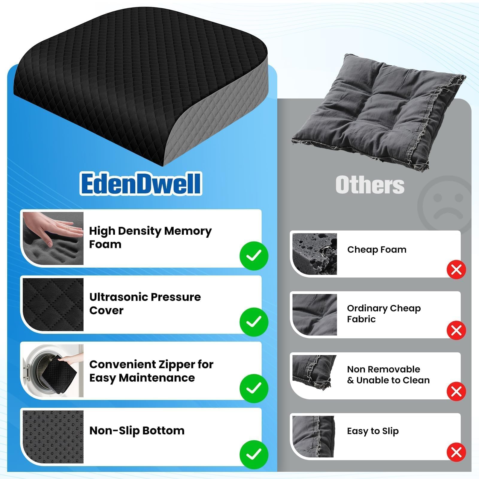 Seat Cushion Memory Foam Chair Pad Non-Slip Cushion for Office Home Car Large Desk Chair Cushion Washable Cover — view 4