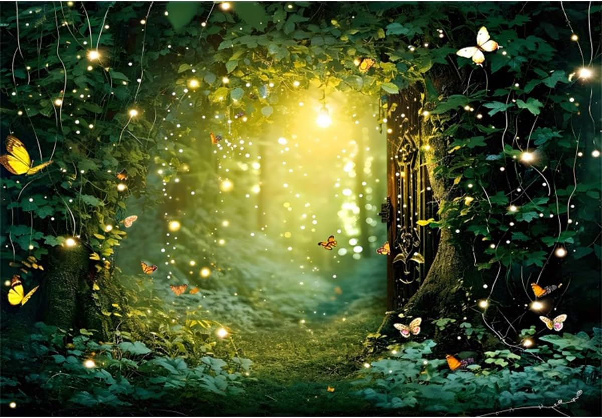 YongFoto Enchanted Forest Backdrop 7x5ft Wildflowers Firefly Butterfly Spring Garden Fairy Tale Wonderland Photography Background Kids Birthday Party Banner Portraits Photoshoot Wallpaper Props