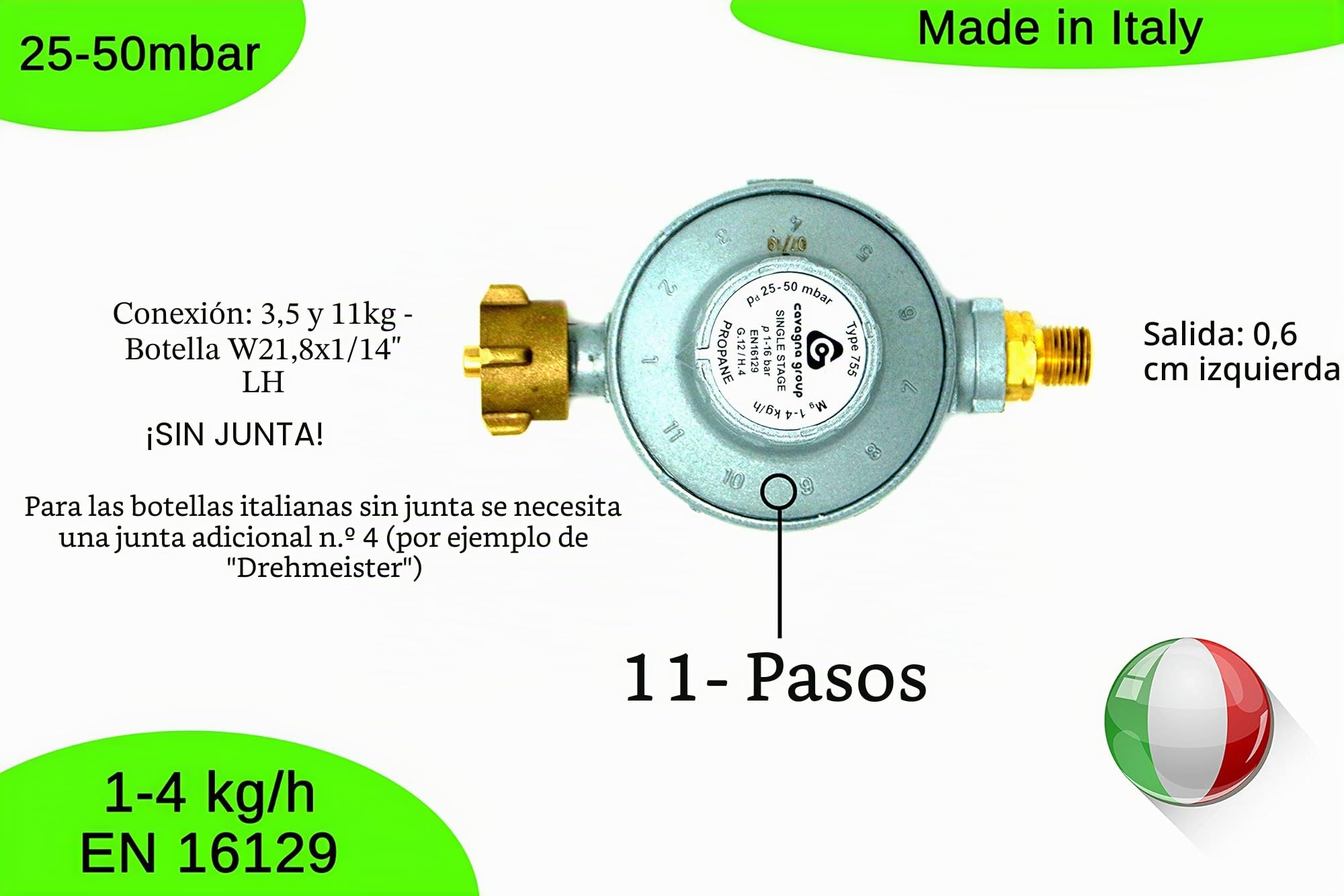 CAVAGNA Regulador de Baja presión 25-50mbar Regulador de presión de Gas Ajustable de 11 etapas para Parrilla de Gas, Calentador Radiante, Calentador Radiante para terraza, Olla