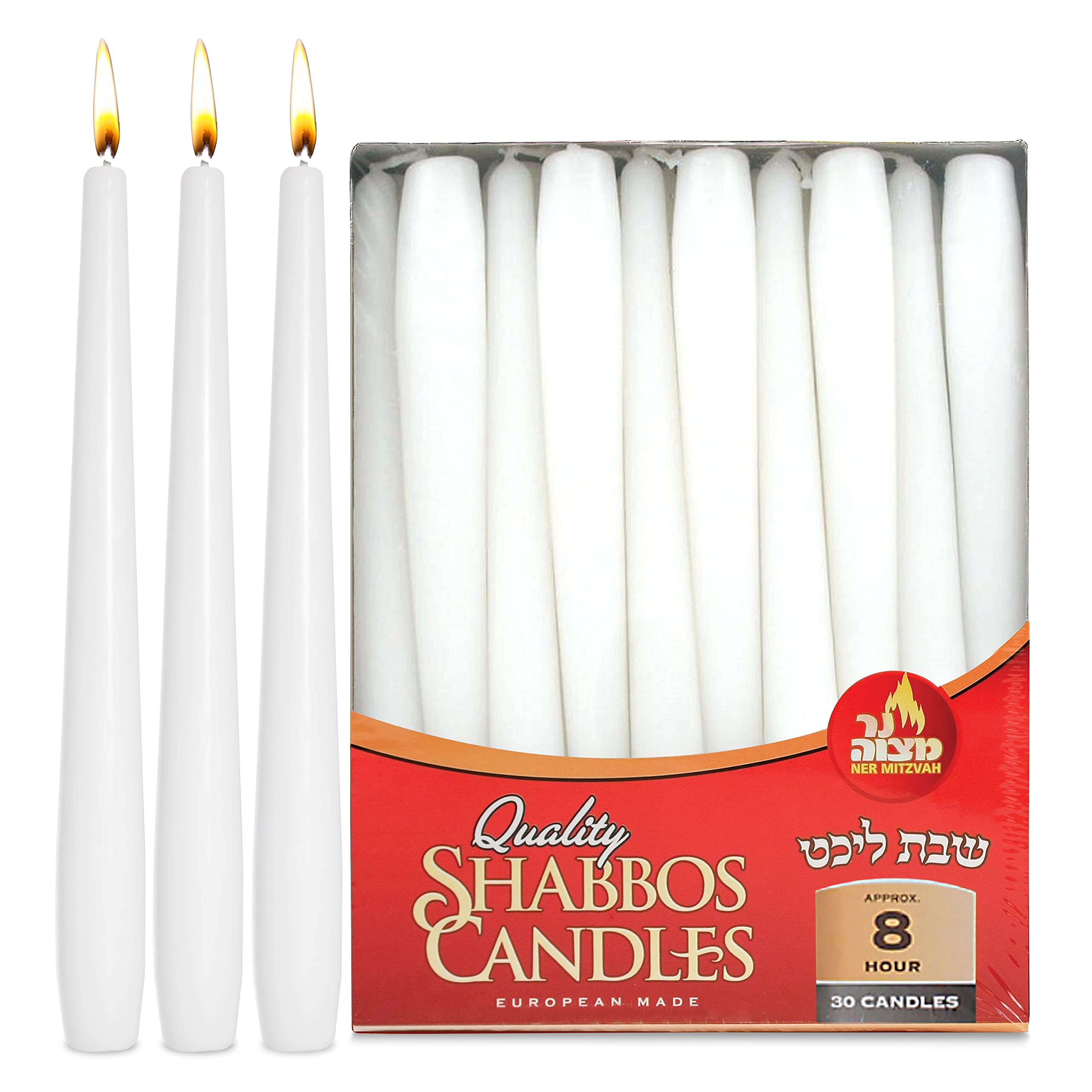 Ner Mitzvah Classic White Taper Candles - 25 cm – 30 Bulk Pack – for Shabbat, Dinner Tables, Restaurants, Ceremonies and Emergency - 8 Hour Burn Time