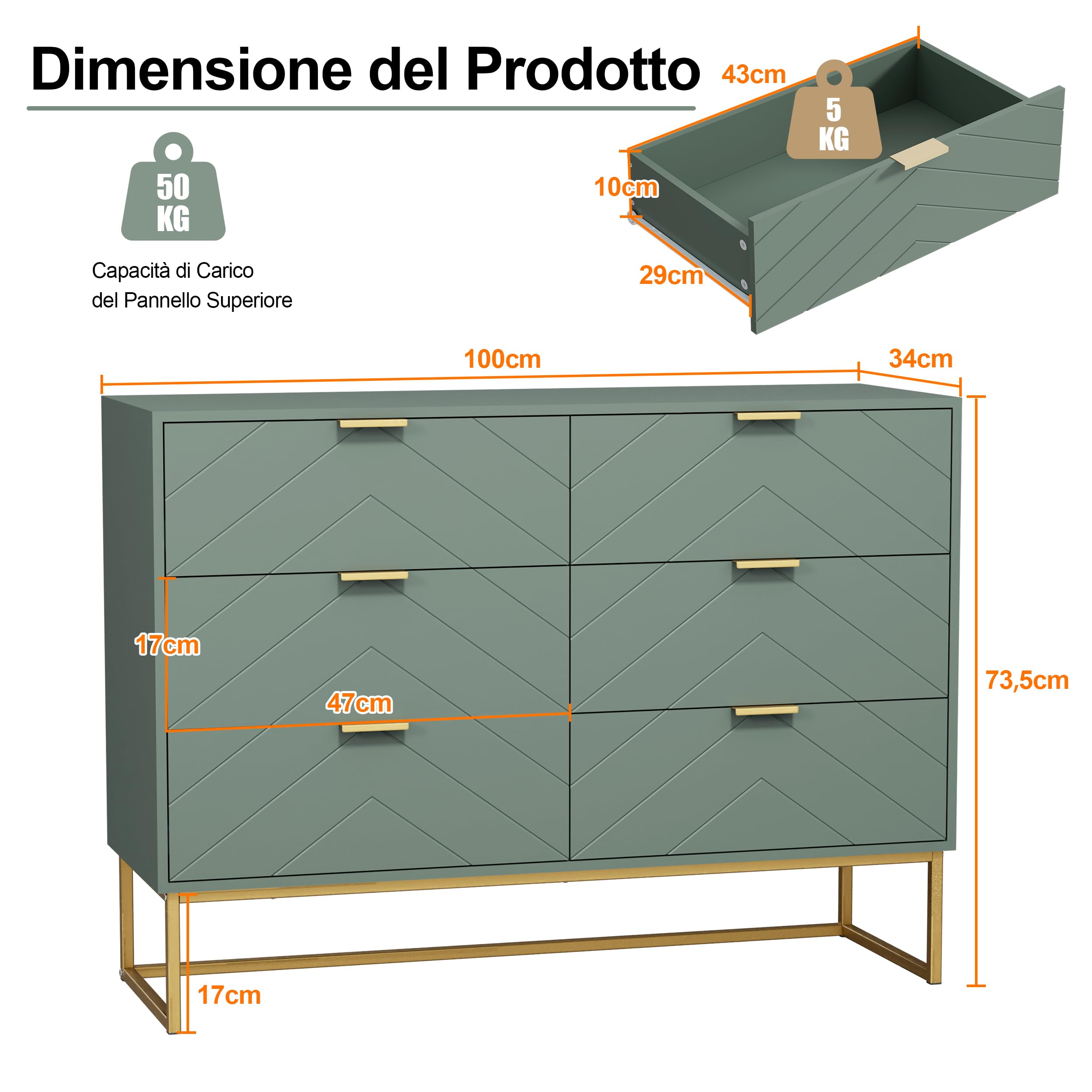 UEV Set di 3 Mobili con Motivo V per Camera da Letto, Cassettiera a 6 Cassetti e Set di 2 Comodini, Stabile Mobiletto con Miniglie e Piedini in Metallo, Verde