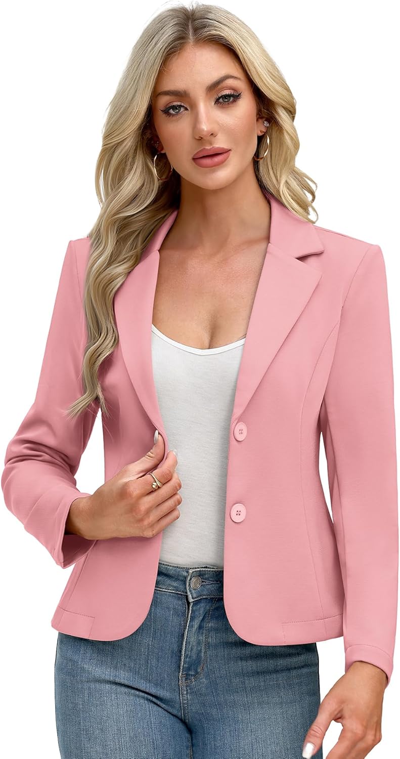 ELLEVEN Women’s Work Knit Blazer, Stretch Slim Fit Half-Lined Lightweight Suit Notched Lapel Jacket