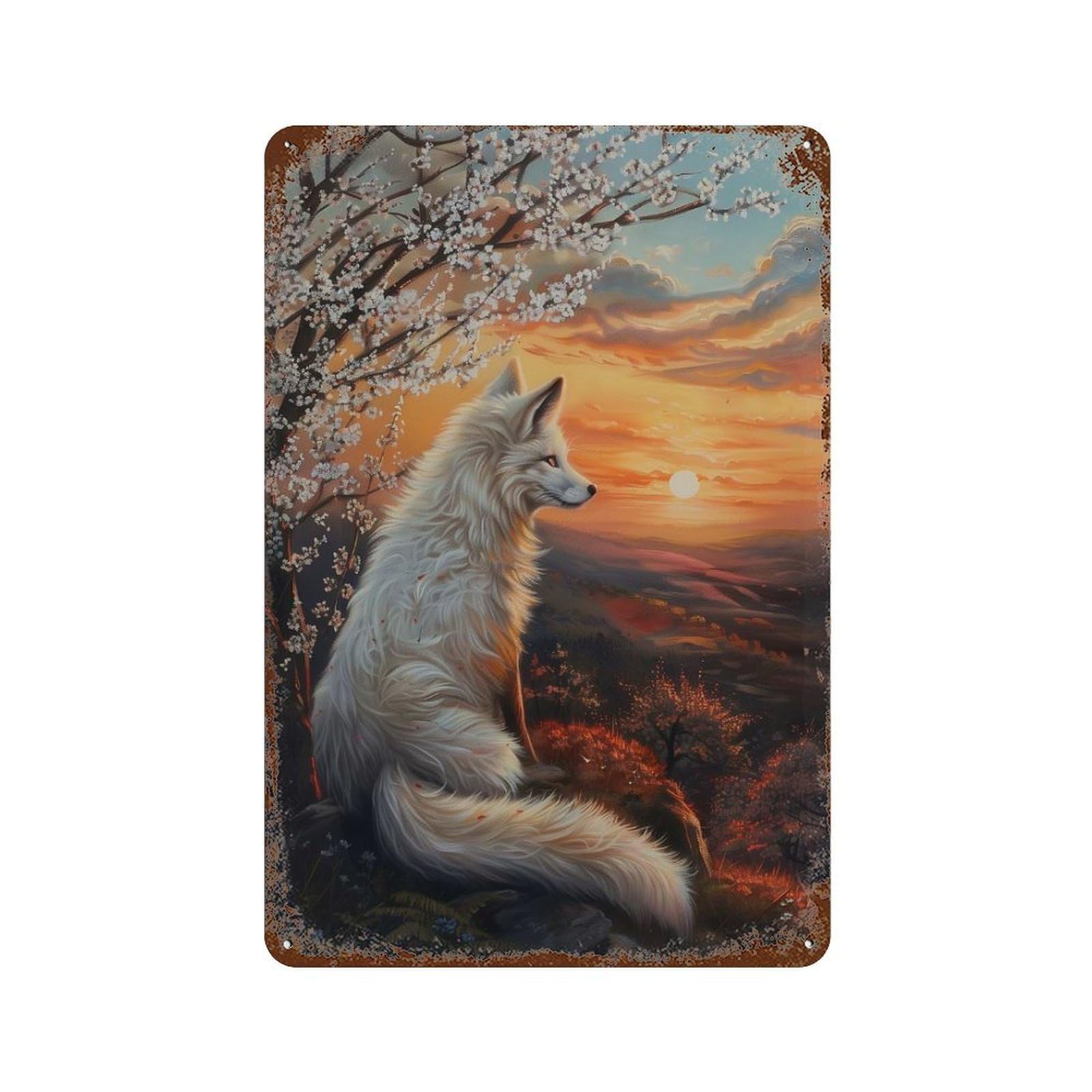 Art Fox Sunset Magical Rustic Tin Plaque 11.8"x7.9", for Pub, Kitchen And Man Cave Decor, Vintage Wall Decor