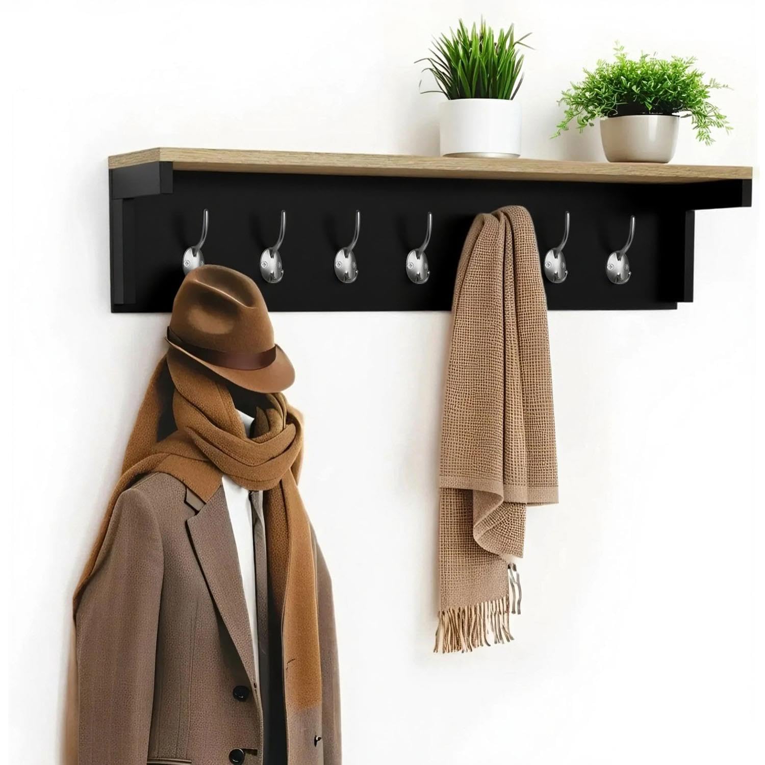 Livhome 7 Hook Black Wall Mounted Coat Rack, Wooden Coat Hooks with Shelf and Storage, Wall Shelf with Hooks Underneath, Hallway and Closet Organizer for Coat and Wardrobe Storage