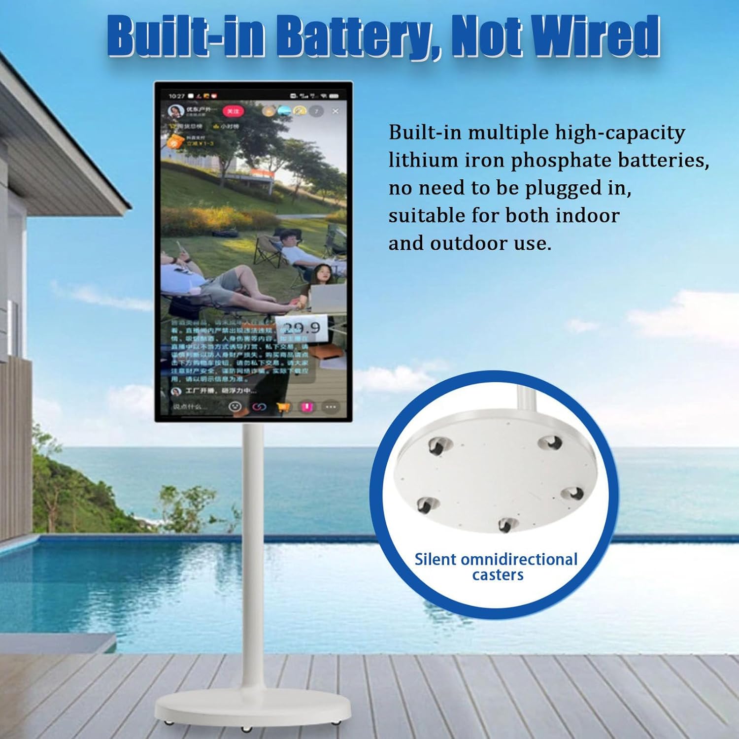 32 Inch FHD Smart Portable TV on Wheels, 8MP Camera, Built-in 4–6H Battery, Full Swivel Rotation, Rolling TV 1080P Touch Screen, Android 13 OS Monitor 6+128GB