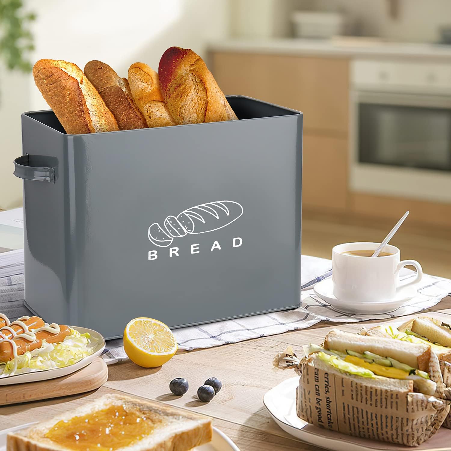 Bread Box, G.a HOMEFAVOR Extra Large Metal Bread Bin with Bamboo Lid, High Capacity Bread Storage Bin for Kitchen Countertop, Holds 2+ Loaves, 13"*7.5"*10", Gray