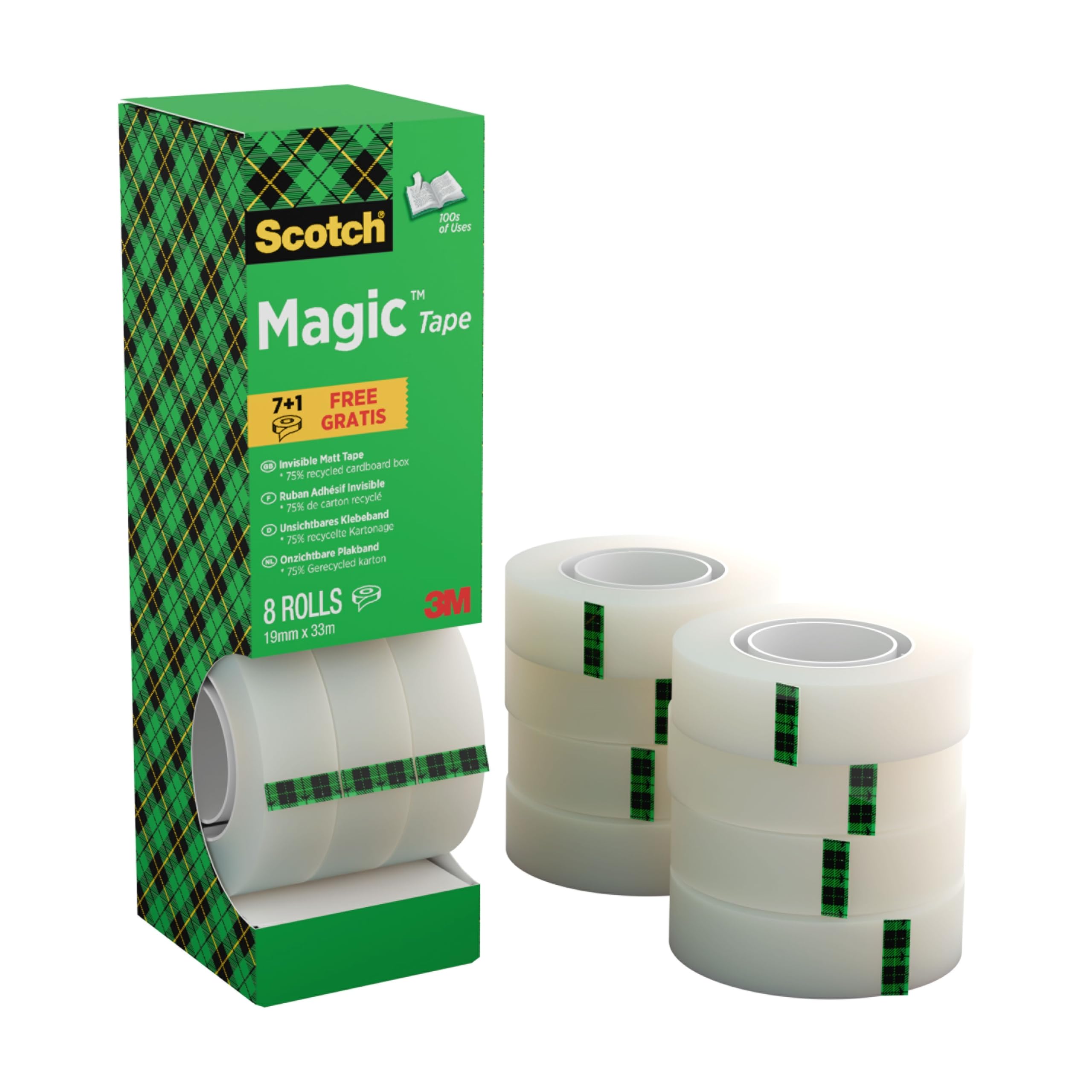 Scotch Magic Tape - Vorteilspack 8 Rollen, 19 mm x 33 m - Unsichtbares Klebeband für allgemeine Zwecke zur Reparatur, Etikettierung und Versiegelung von Dokumenten