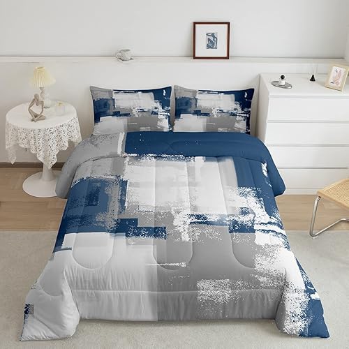 Juego de edredón de acuarela azul marino, tamaño Queen, juego de ropa de cama con grafiti gris y blanco para niños y niñas, relleno de edredón de