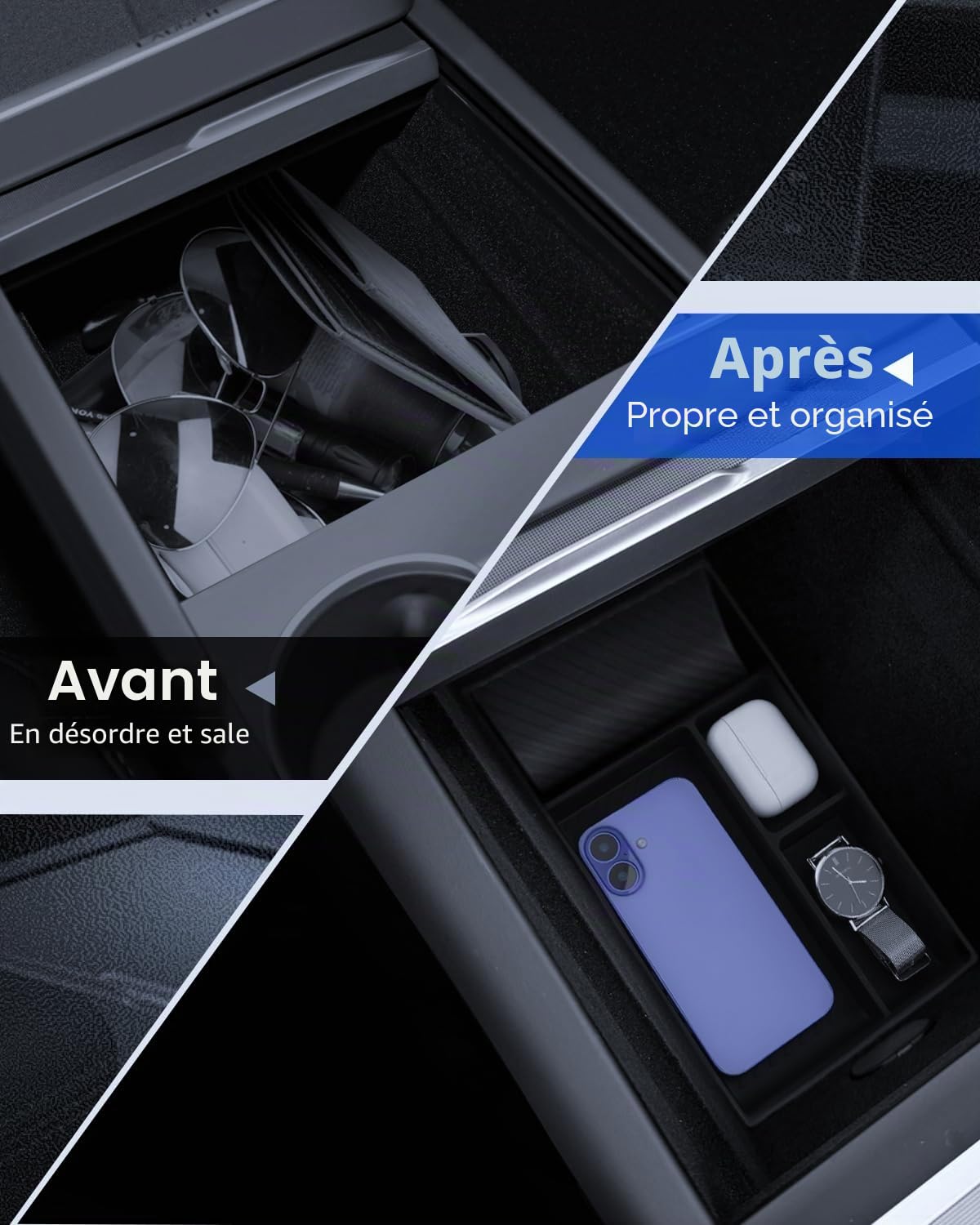 5 pièces accessoires pour Tesla Model Y 2025-2026, console centrale Juniper, plateau organisateur en silicone, boîte de rangement pour accoudoirs, boîte cachée et porte-gobelet (Flocking)