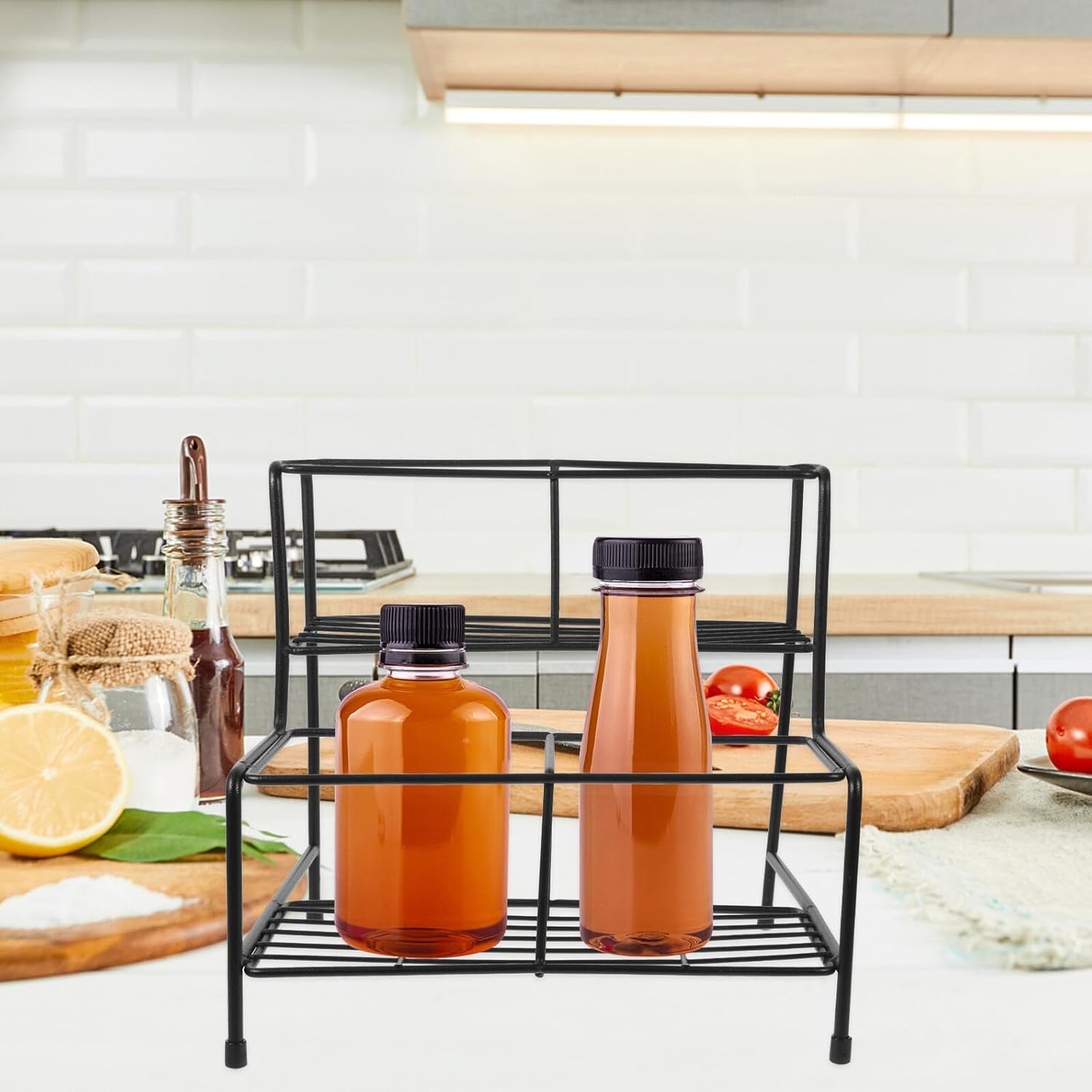 Coffee Syrup Rack Organizer Stand with Double-Layer 4-Compartment Storage Shelf for Syrup Bottles, Kitchen Countertop Holder for Coffee Bar and Beverage Station