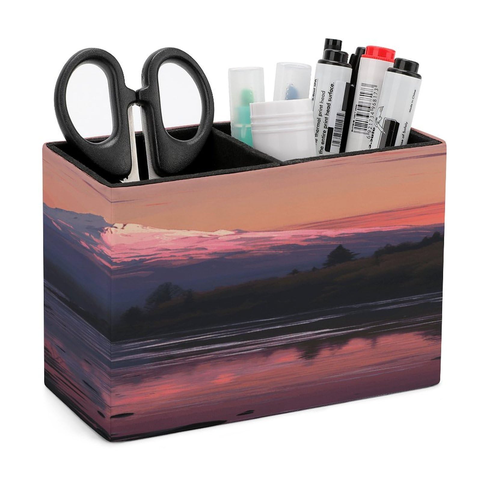 JTREHY Sunset Landscape Mountains Lake Pencil Holder Exquisite Fashion Leather Pen Receptacle Soft High-End Pen Container for Office Home Accessories Or Housewarming Present