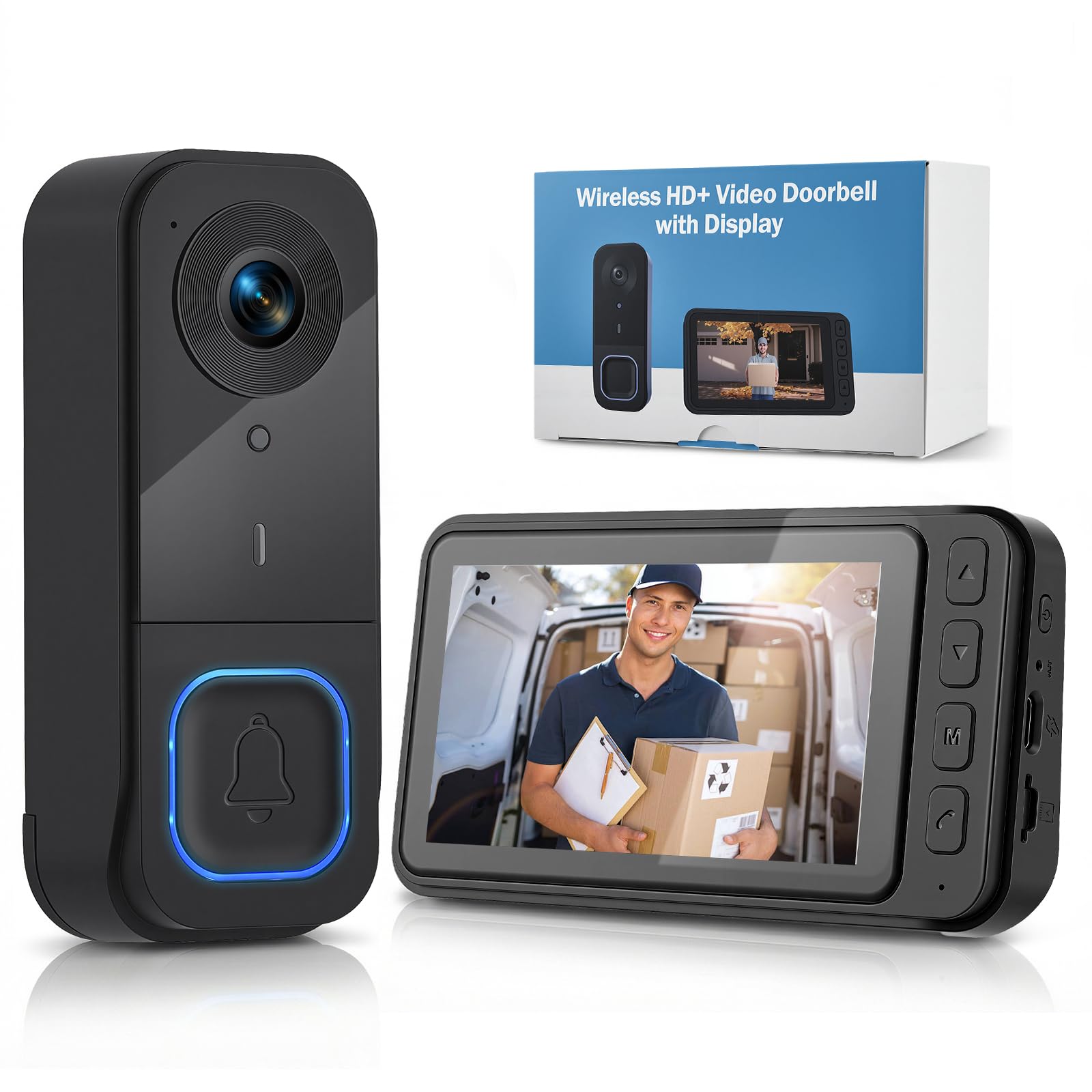 Timbre Video inalámbrico con Pantalla IPS 4.5" – Cámara Gran Angular 120°, Audio 2 vías, visión Nocturna IR, Memoria Local 128GB, emparejamiento 1 botón, IP65 para hogar