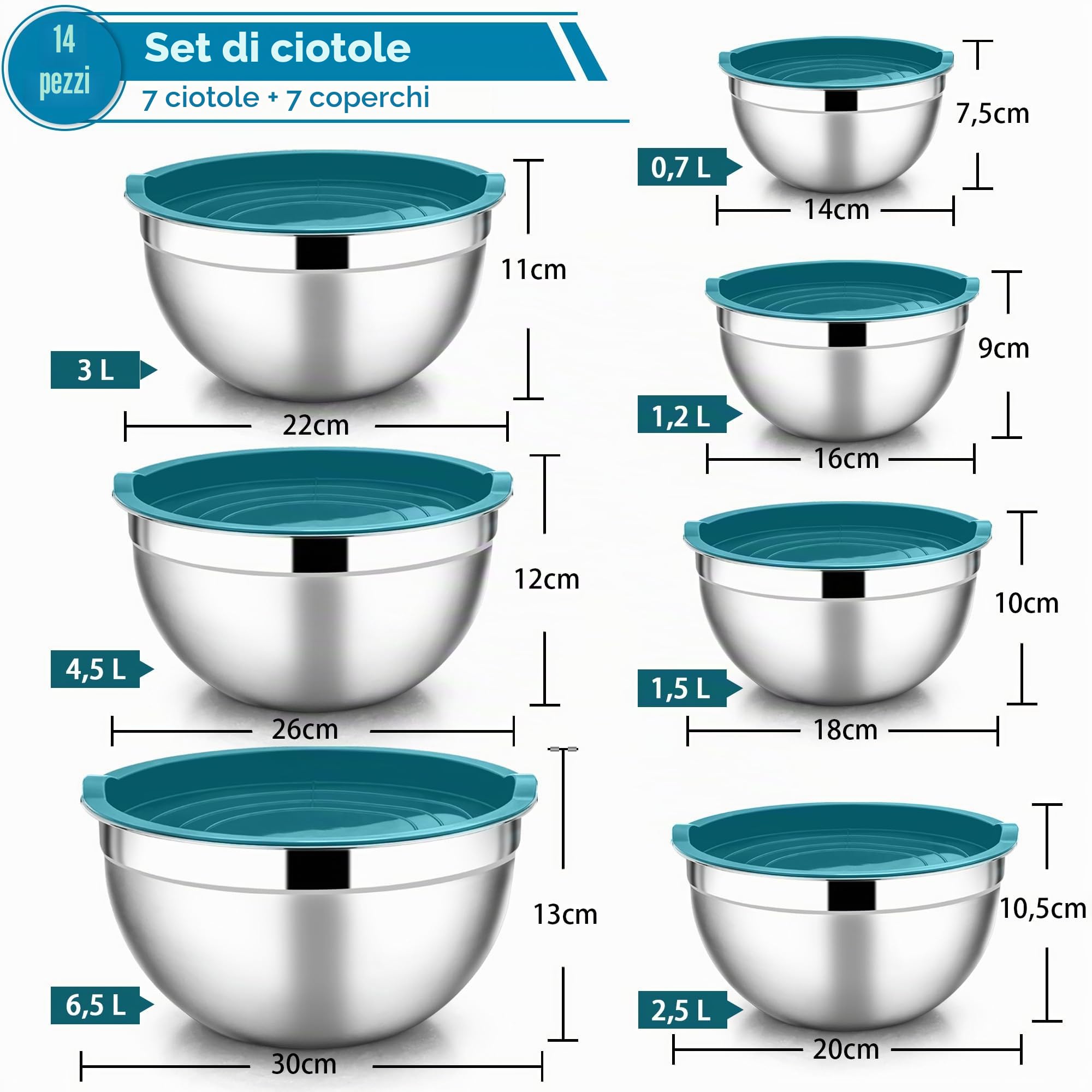 HaWare Set di 7 ciotole in acciaio inox, impilabili con coperchio ermetico per cuocere/cucinare/preparare, lavabili in lavastoviglie, 6,5/4,5/3/2,5/1,5/1,2/0,7 l, blu