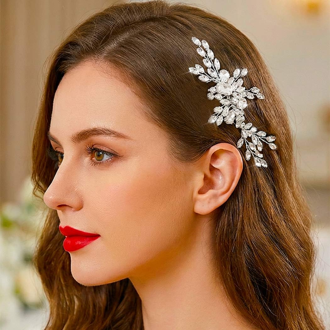 HEREAD Rhinestone Bride Wedding Hair Comb Silver Crystal Bridal Hair Pieces Hair Accessories for Women (Silver)