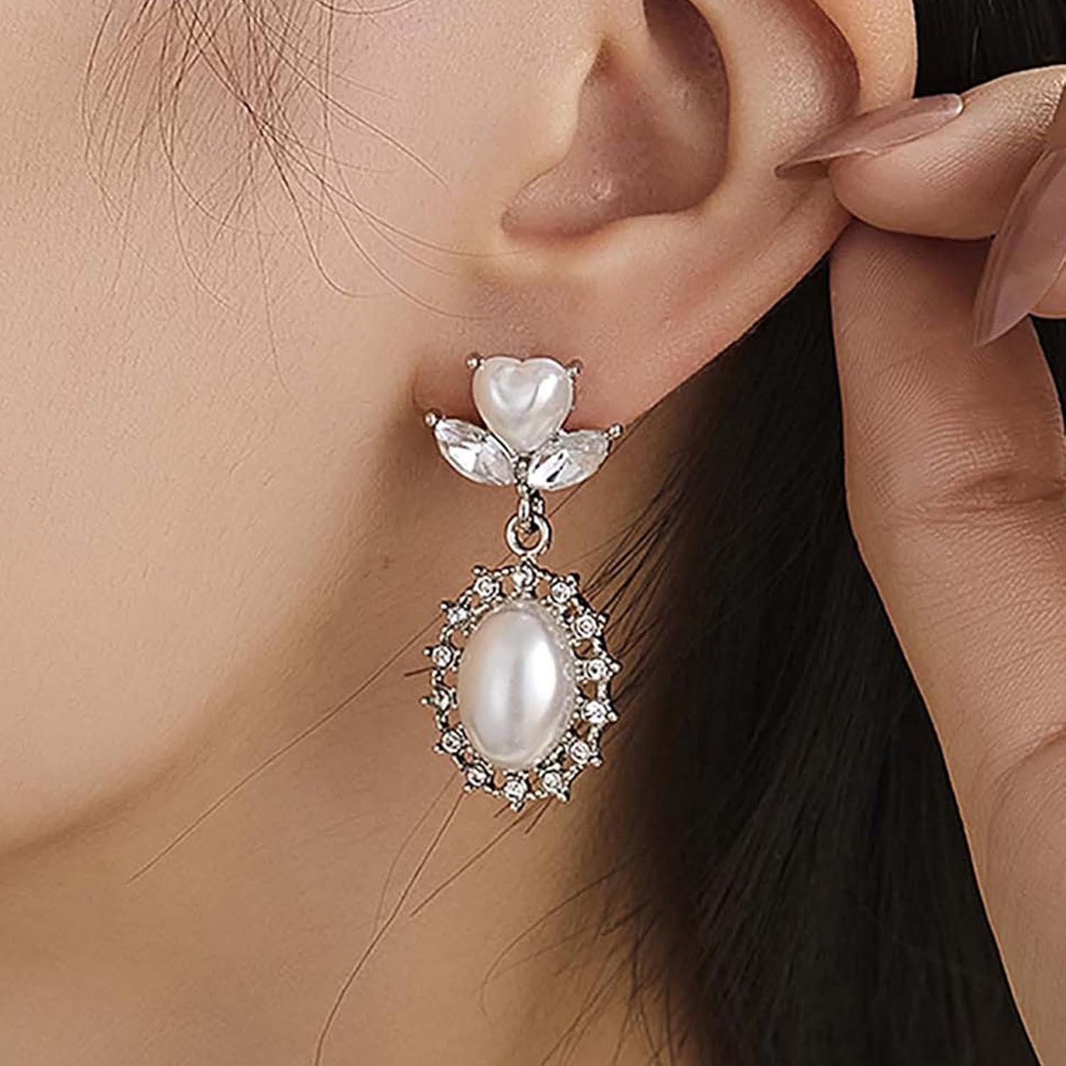 Vintage Pearl Drop Earrings Silver Crystal Earrings Oval Pearl Dangle Earrings Sparkly Bridal Wedding Earrings Jewelry for Women - Image 2