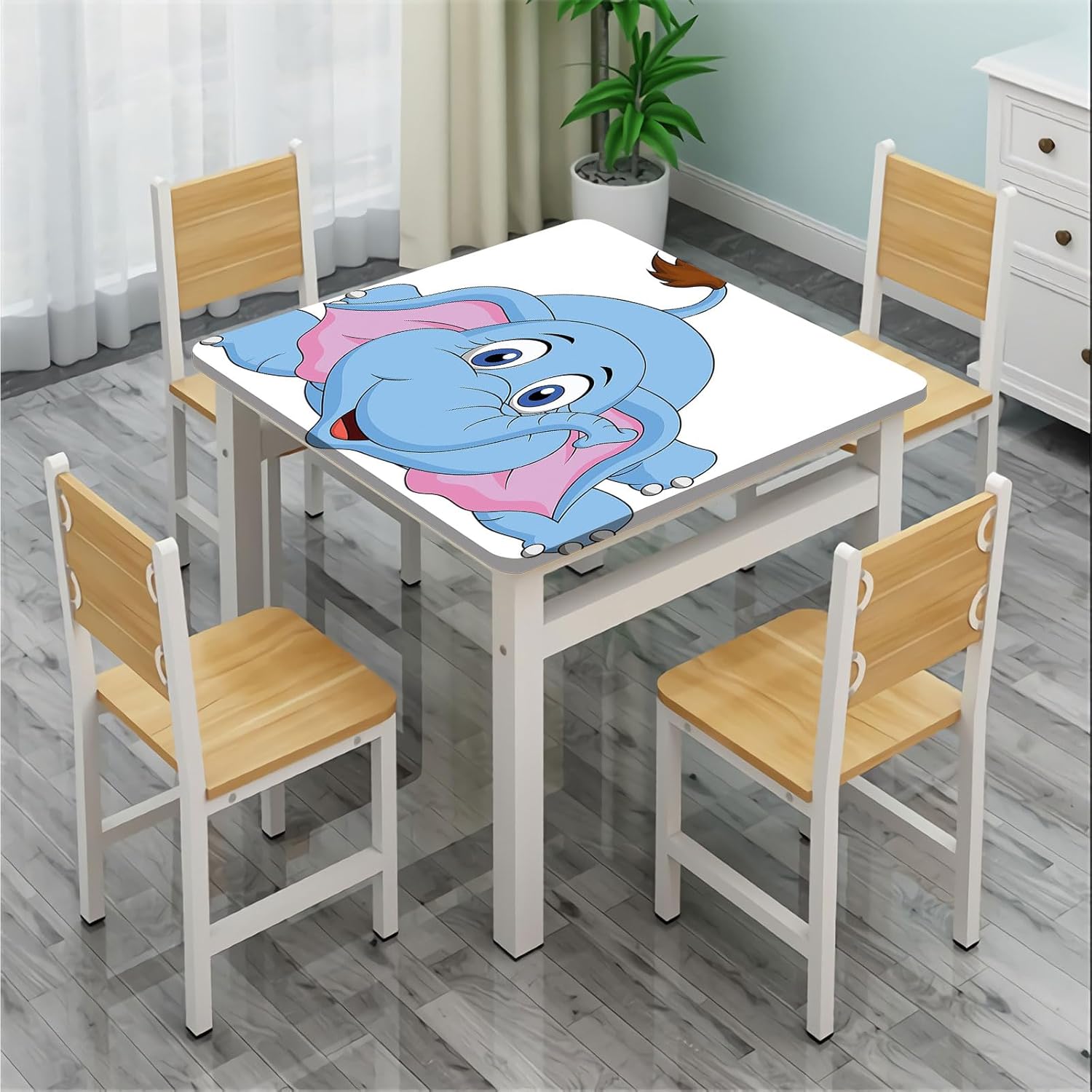 Cartoon Tablecloths, Cute Baby Elephant Kids Children Comic Square Dining Table Cover, Fits 52x52 inch Table, for Outdoor Indoor Holiday Picnic Party Cloth, Blue Pink