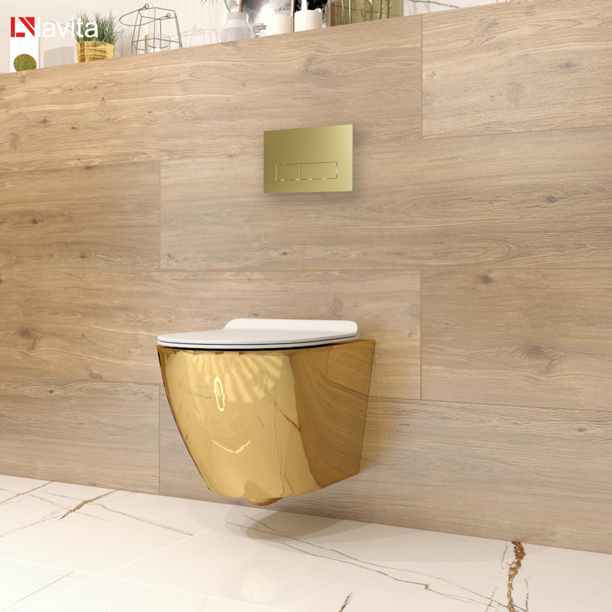 Lavita LAV 101 - Elemento da parete per WC 40 cm + parete sospesa per WC SOFI SLIM GOLD/WHITE senza bordi + pannello di controllo LAV 200.3.5 oro, set completo | cassetta di risciacquo da incasso | WC