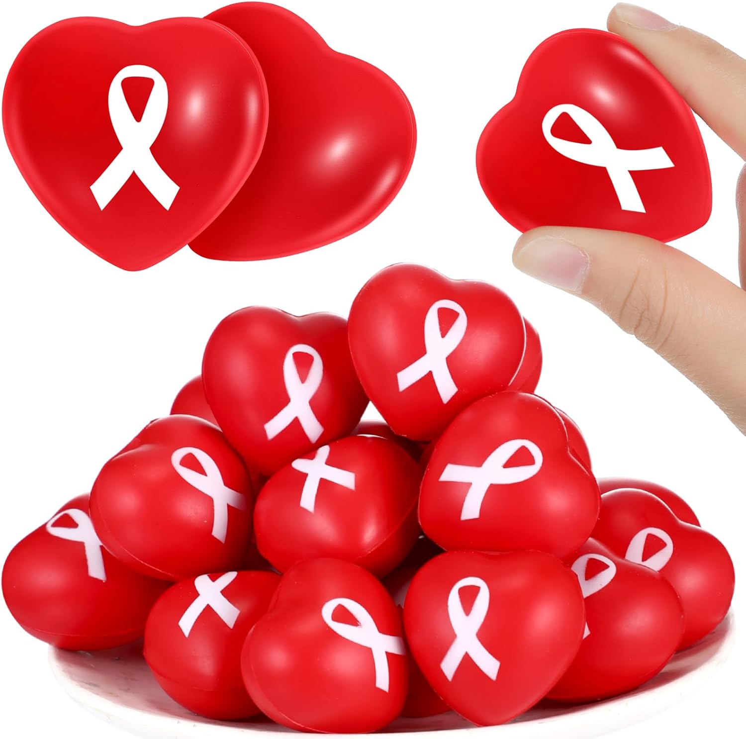 Poen 50 Pcs Heart Health Awareness Stress Ball Bulk Heart Disease Cancer Awareness Items CHD Red Ribbon Squeeze Balls for Public Charity Activities Supplies Relief Stress