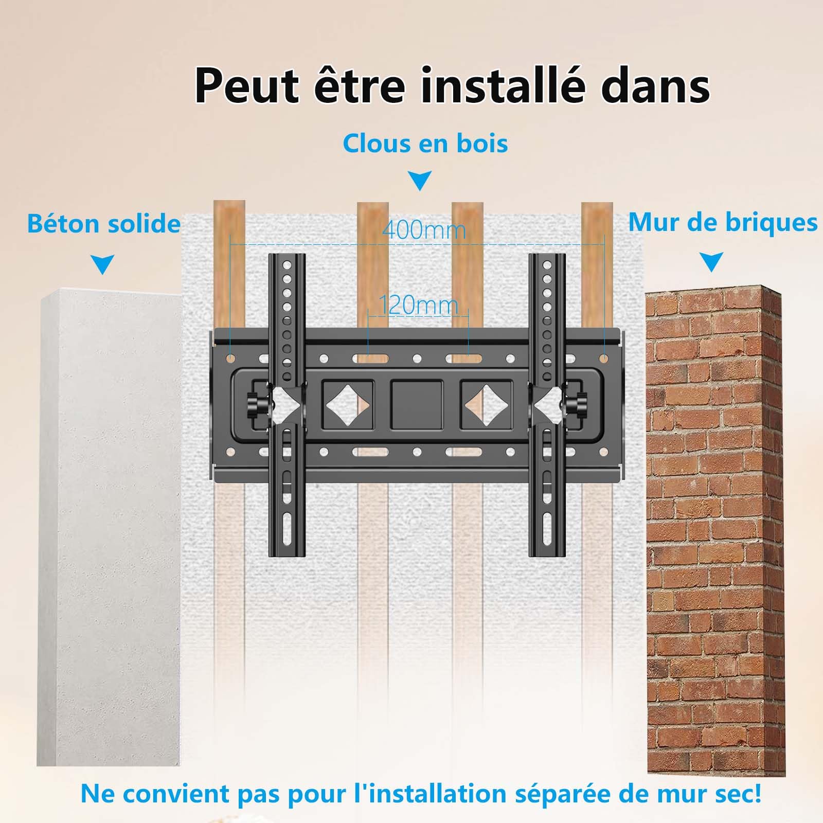 Support Mural TV inclinable pour la Plupart 32 à 68", VESA Jusqu’à 400x400mm et Charge maximale 60 KG, 40 43 50 55 58 60 65 Pouces réglable Rack Mural pour TV,Support TV Mural,TV Wall Mount
