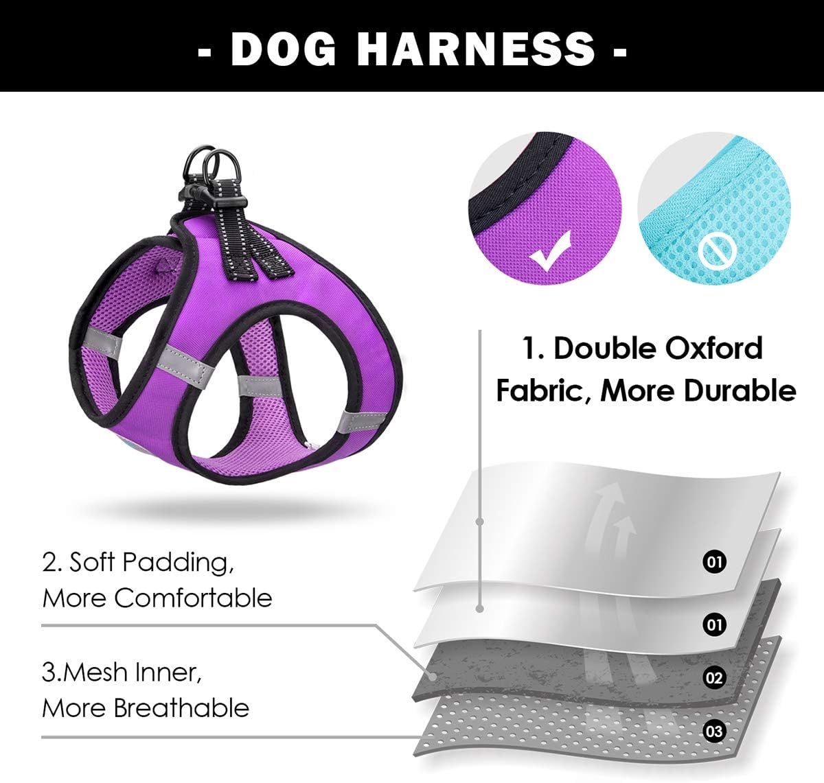 PHOEPET Step-in Dog Harness and Leash Set, Reflective Adjustable Dog Vest Harness, Soft Pet Walking Jacket with 2 Metal Leash Hooks for Dog and Cat (Purple, XS)
