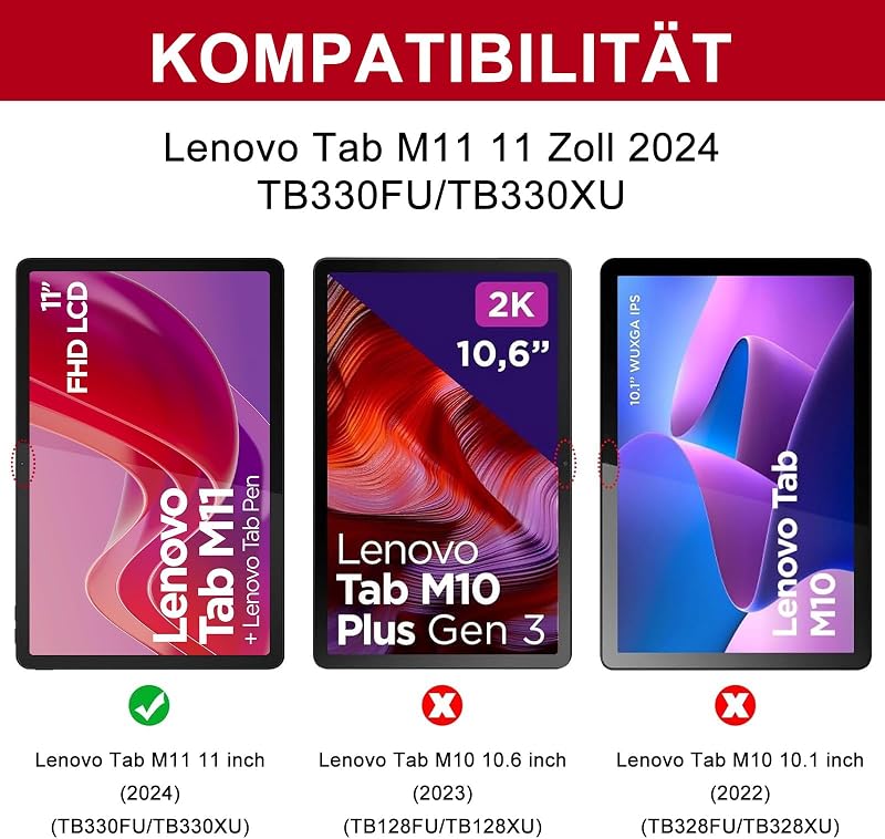 SENGBIRCH Lenovo Tab M11 2024 Bluetooth Billentyűzet Tok - Eltávolítható QWERTZ Wireless Billentyűzet, Fekete