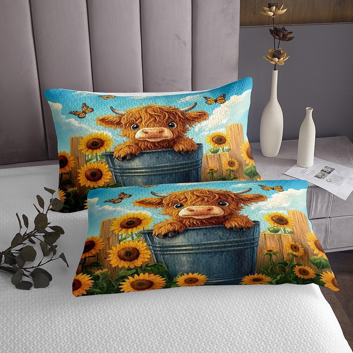 Erosebridal Highland Cow Bedspread Set, Cute Animals Cattle Ox Soft Queen Quilt Set for Kids Boys Girls, Yellow Sunflower Florals Coverlet Set & Bedspread for Bedroom, Bucket Sky Cozy Bedding Set