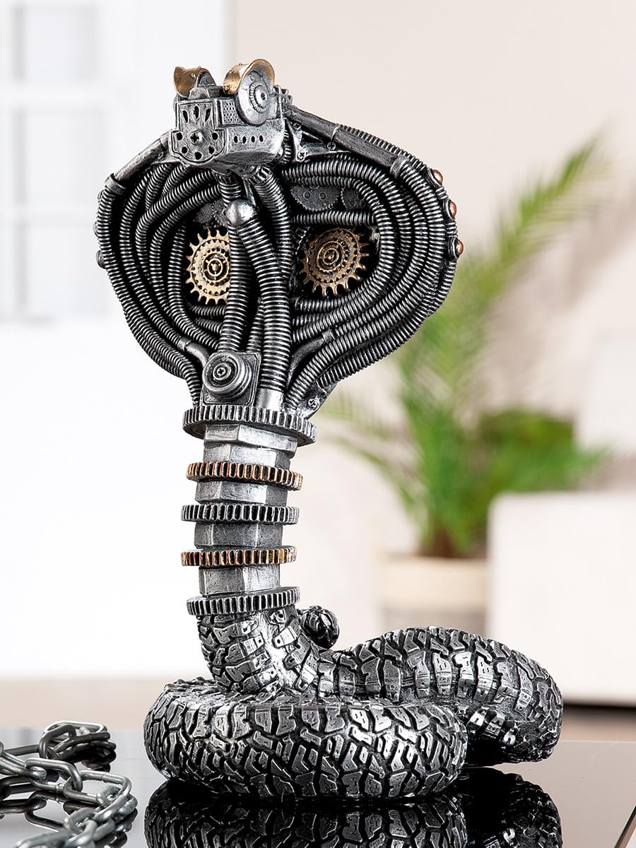 Steampunk Cobra Figurine Resin Silver Metallic Effect H 30.5 cm W 20 cm D 16 cm Decorative Gift Collectible Vintage