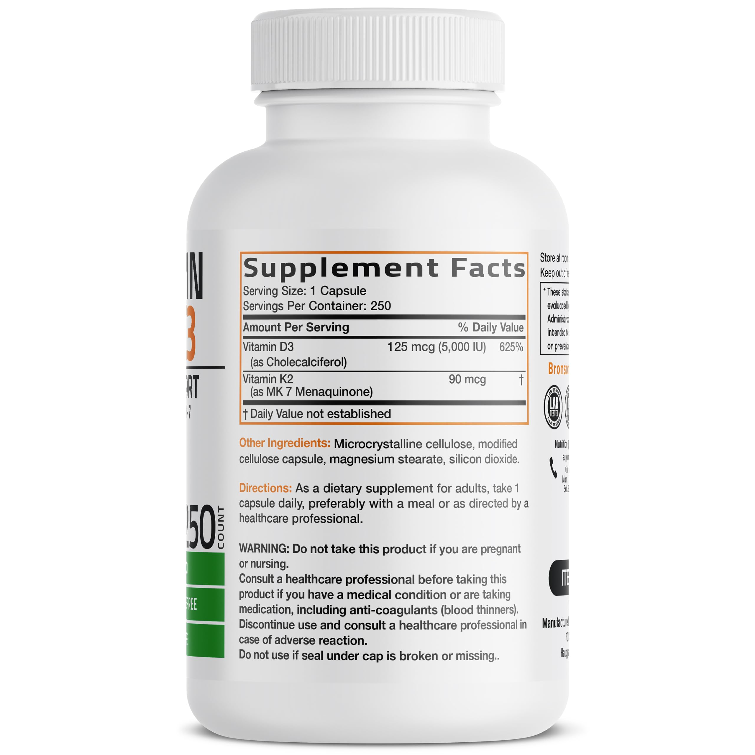 Bronson Vitamin K2 D3 (MK7) Supplement 2-in1 D3 & K2 Complex, 250 Capsules — Amazon image 2