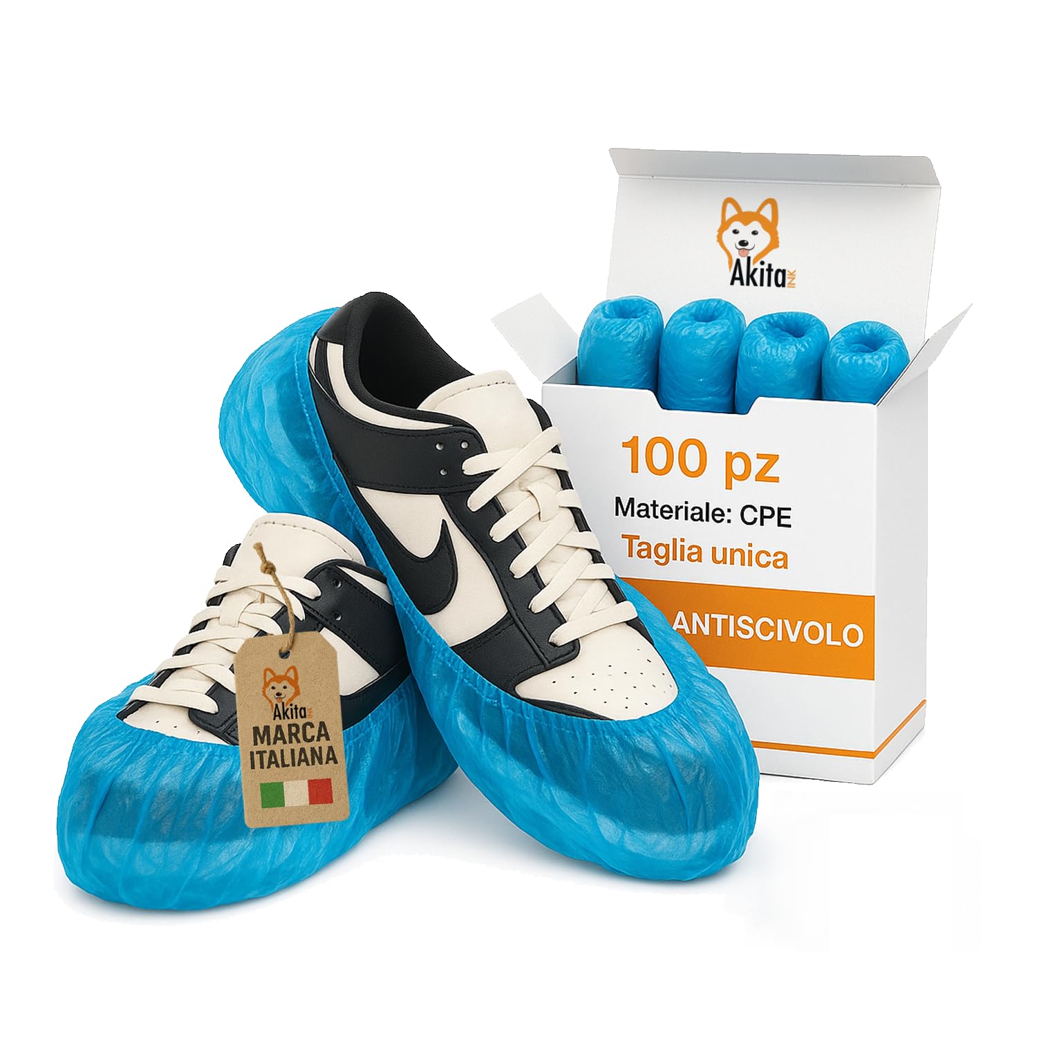 Copriscarpe Monouso in CPE AKITAInk – Blu, Suola Goffrata, Taglia Unica Fino al 48, Impermeabili, DPI per Pulizia