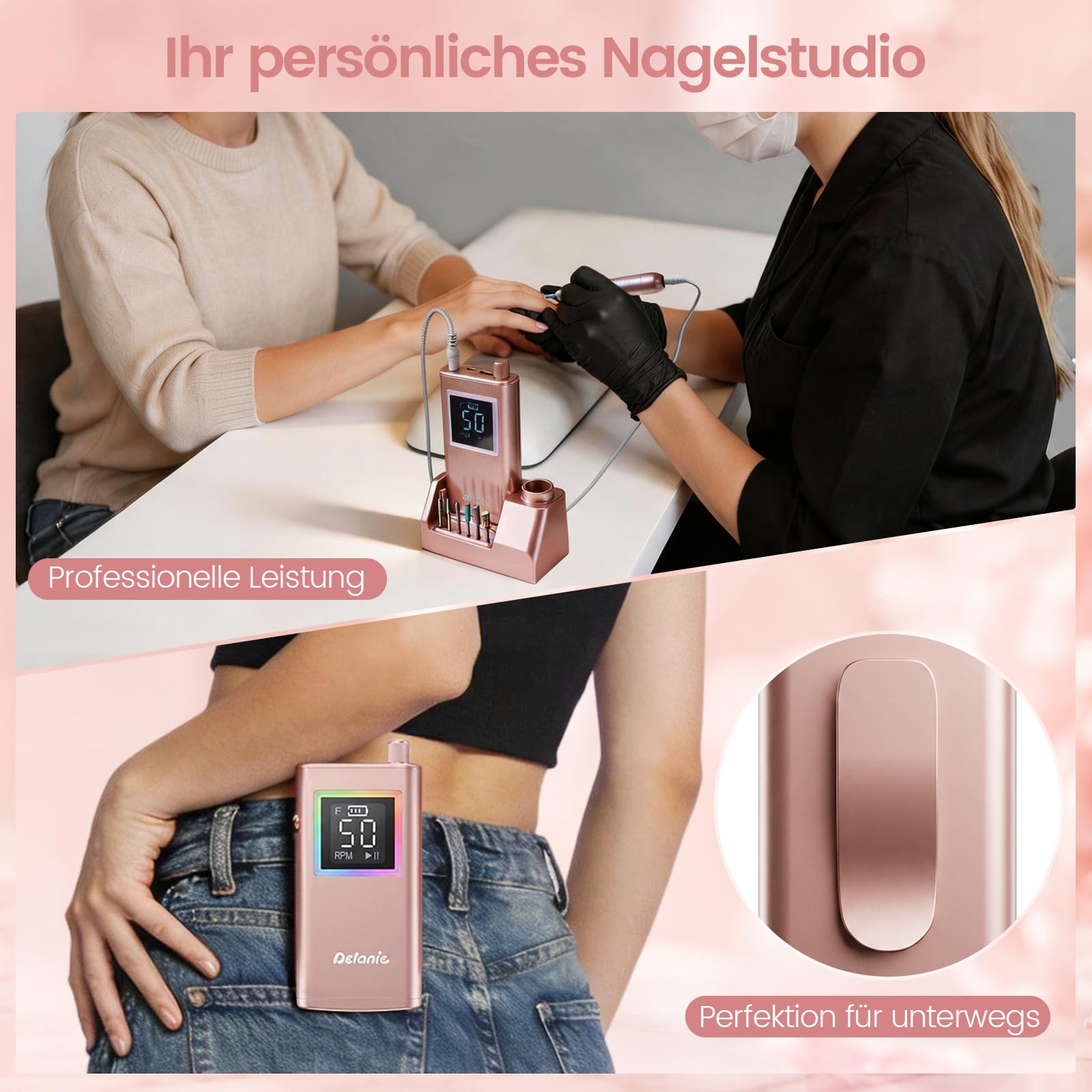 Delanie elektrischer Nagelfräser professionell 50000 U/Min mit Ladestaion, Maniküre Fräser für Nägel & Acrylnägel, tragbarer Nagel Fräser für Gelnägel für Anfänger Zuhause & Salon Profis +12 Nagelbits
