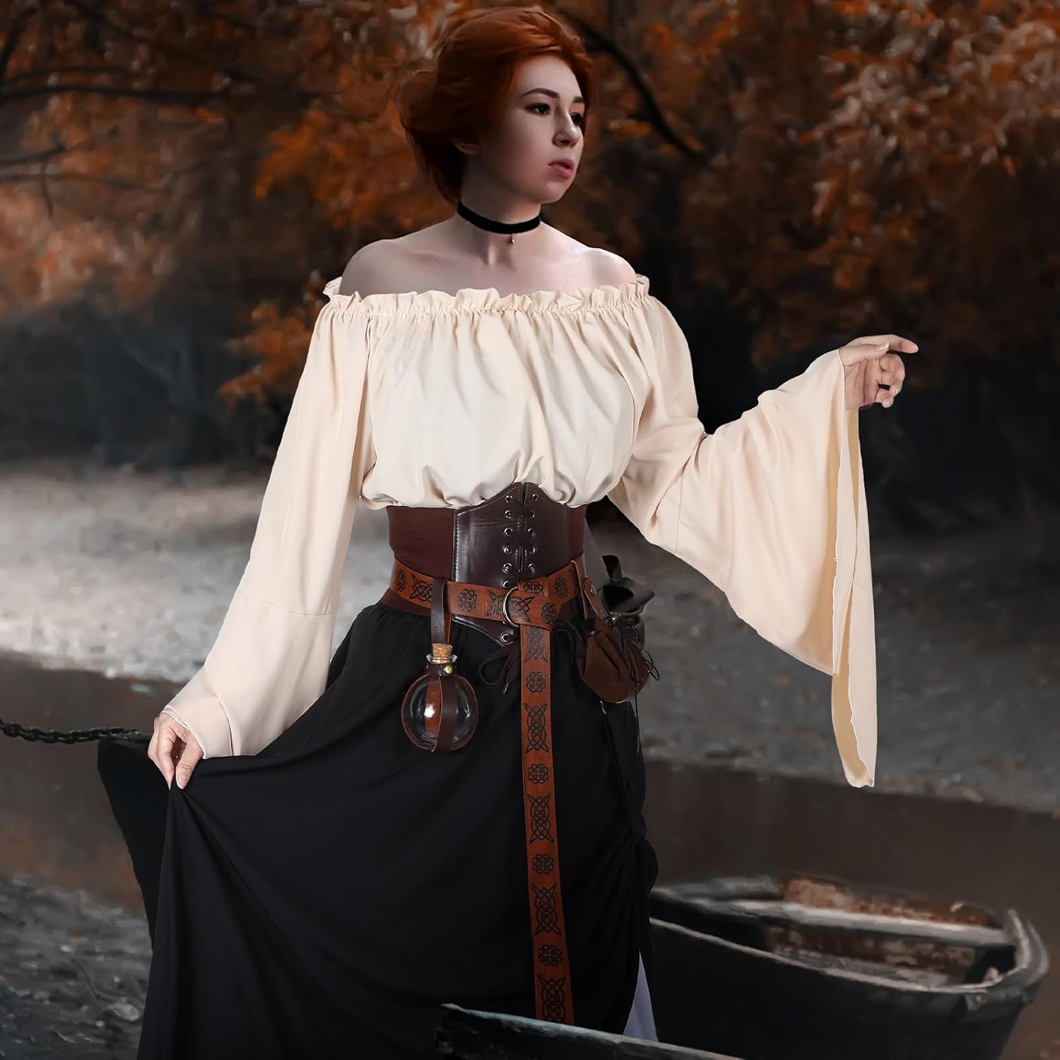 6 Pcs Halloween Renaissance Costume Women Set Medieval Pirate Outfit Shirt Skirt Viking Corset Belt Potion Bottle Belt Pouch