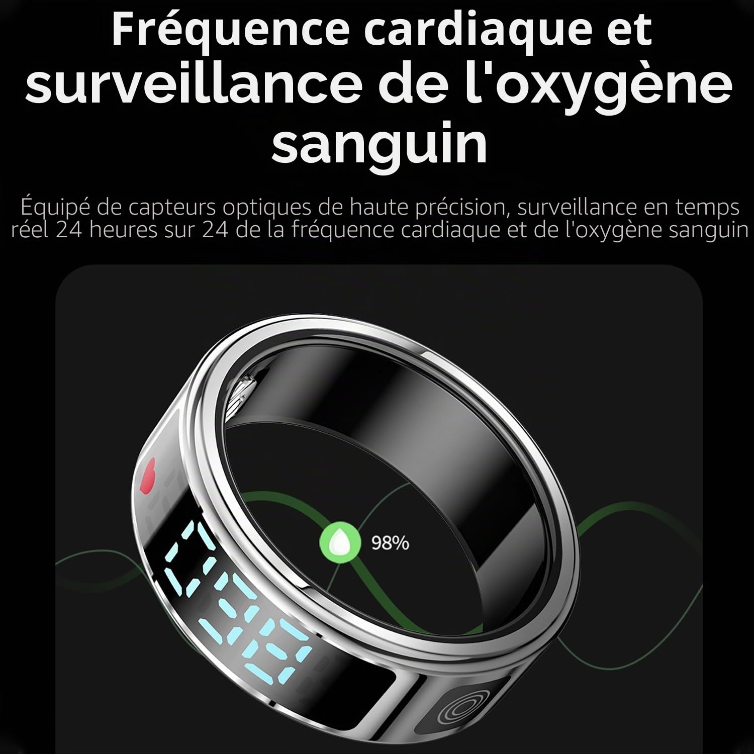 LONGLU Bague Intelligente pour Femmes Hommes avec Écran LED, Bague De Fitness avec Fréquence Cardiaque/Sommeil/Sport/Classe 5ATM Étanche, Tracker De Santé pour iPhone & Android - 9#