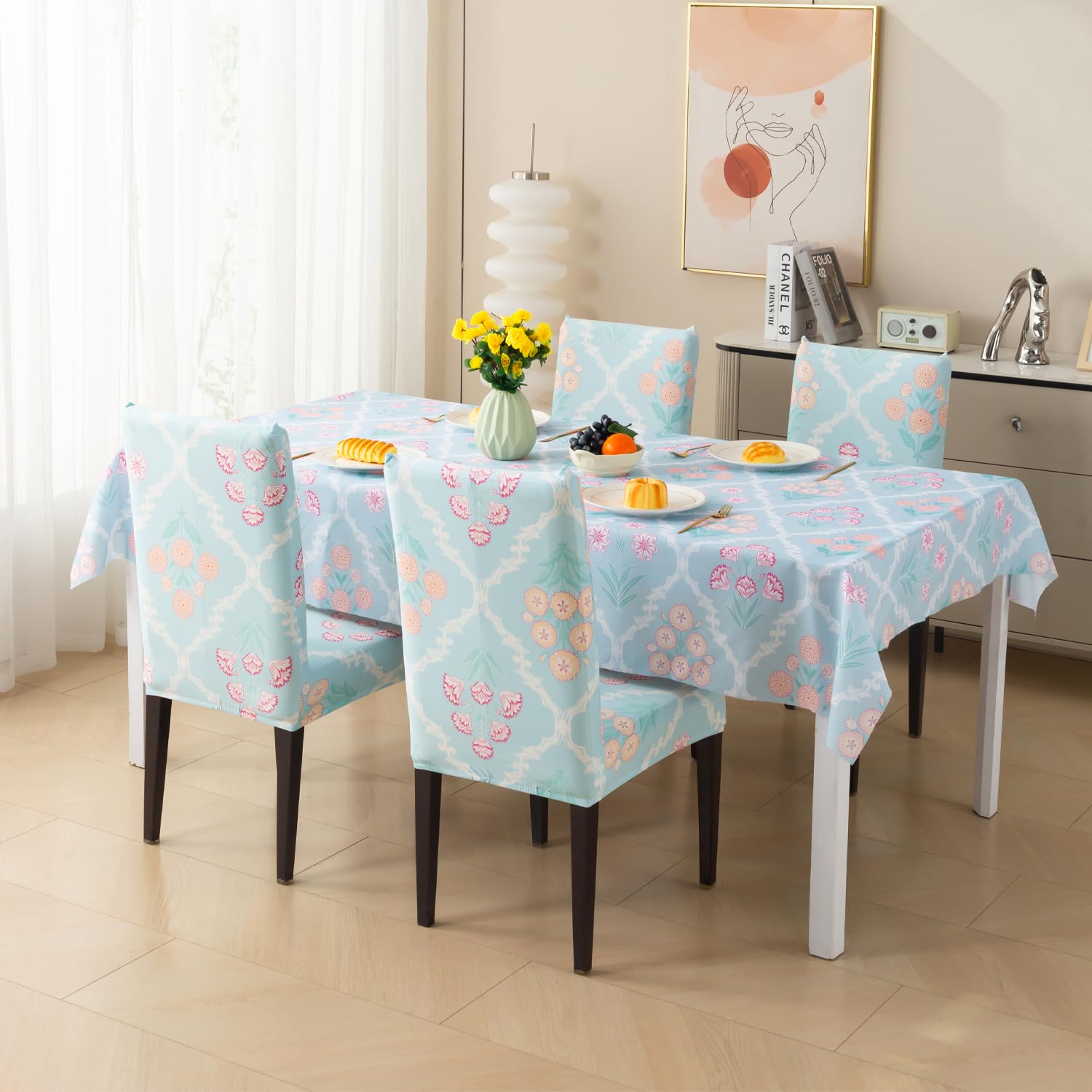 House of Quirk Dining Table Cover Waterproof for Kitchen Dining, Polyester Table Cloth Dust and Oil Repellent, Kitchen Décor (140x180cm, Gulshan Sky, 1 Table Cover)