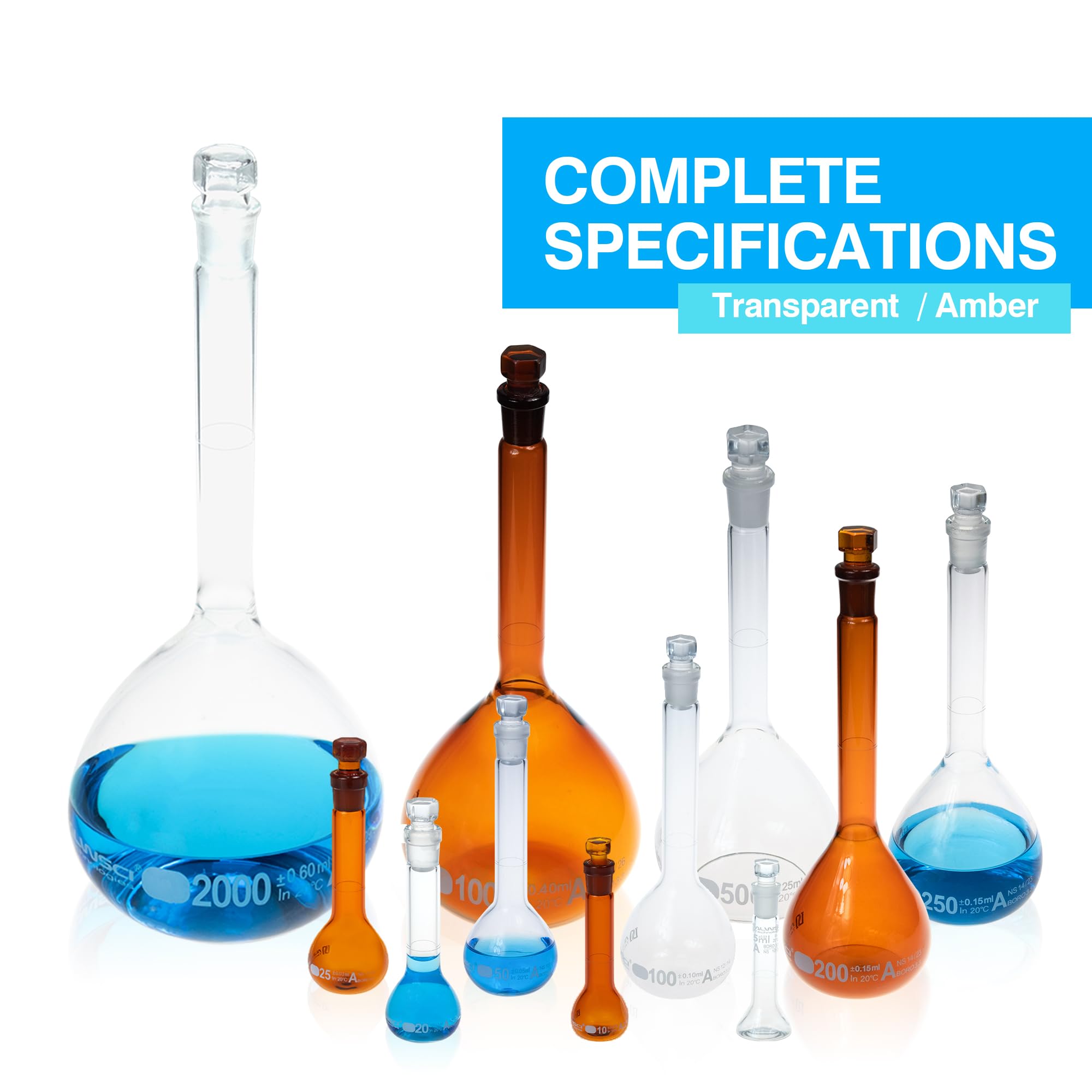 ALWSCI 2 Pezzi 25 mL Matraccio Volumetrico Matracci Tarati da Laboratorio con Tappo in Vetro, Vetro Borosilicato 3.3, Classe A, Matraccio Graduato per Laboratorio