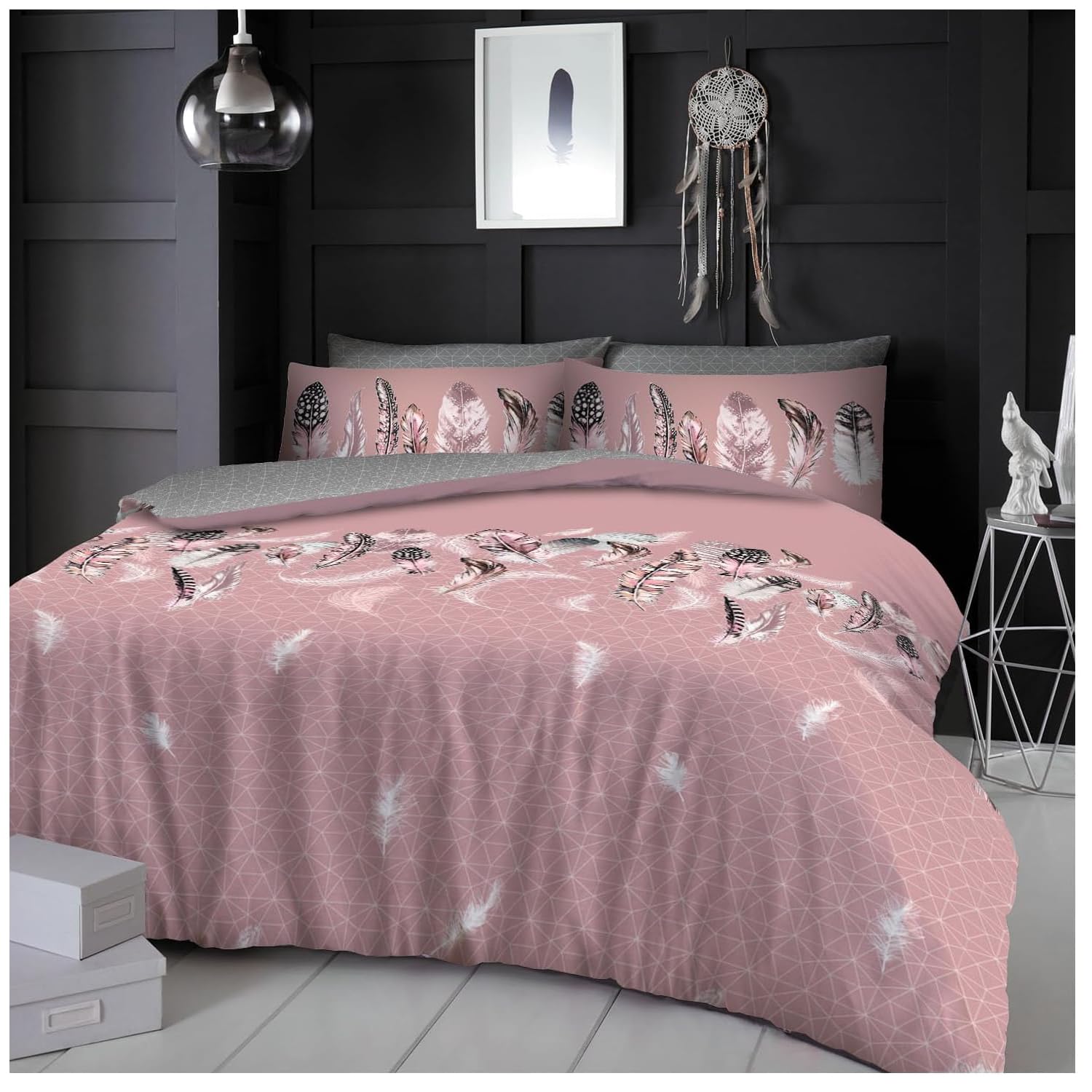 GC GAVENO CAVAILIA Luxurious Feather Pink Super Kingsize Duvet Cover Sets, Easycare Geometric Bedding Set, Reversible Diamond Quilt Sets